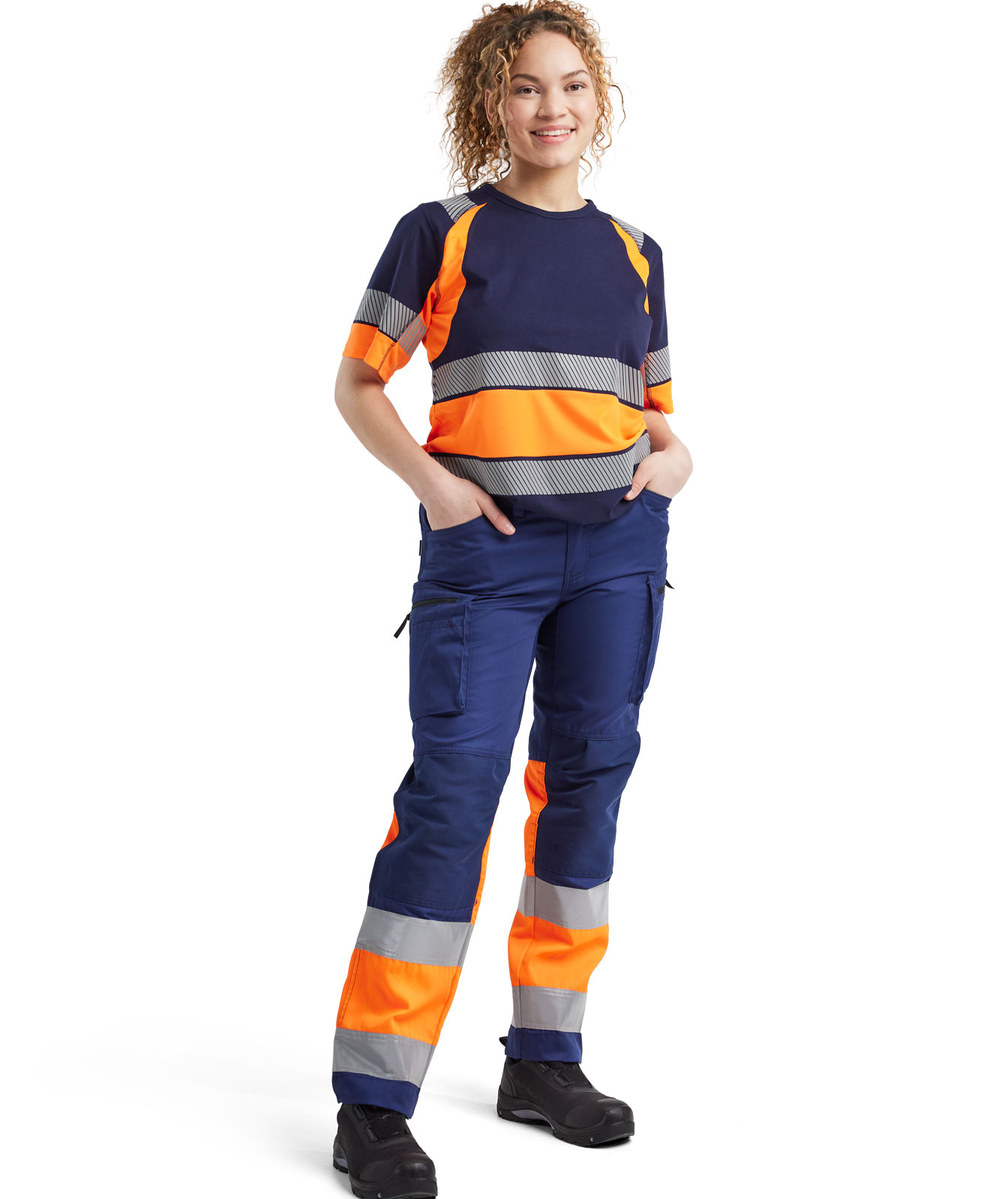 Bl&aring;kl&auml;der dame arbejdsbukser, Marine/Hi-Vis Orange, large image number 1