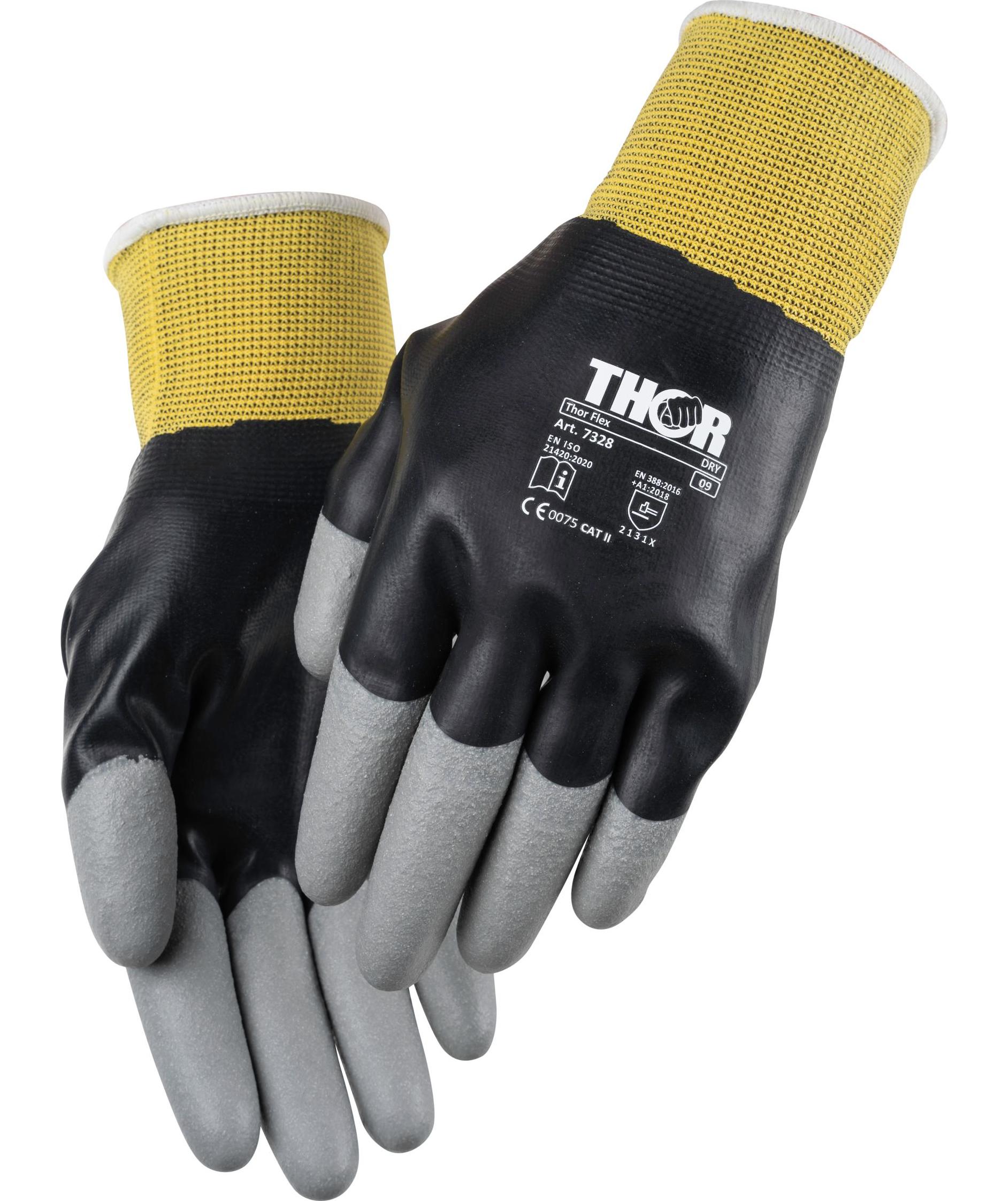 Thor 7328 Flex Dry 1/1 arbetshandskar, Svart/Gr&aring;/Gul