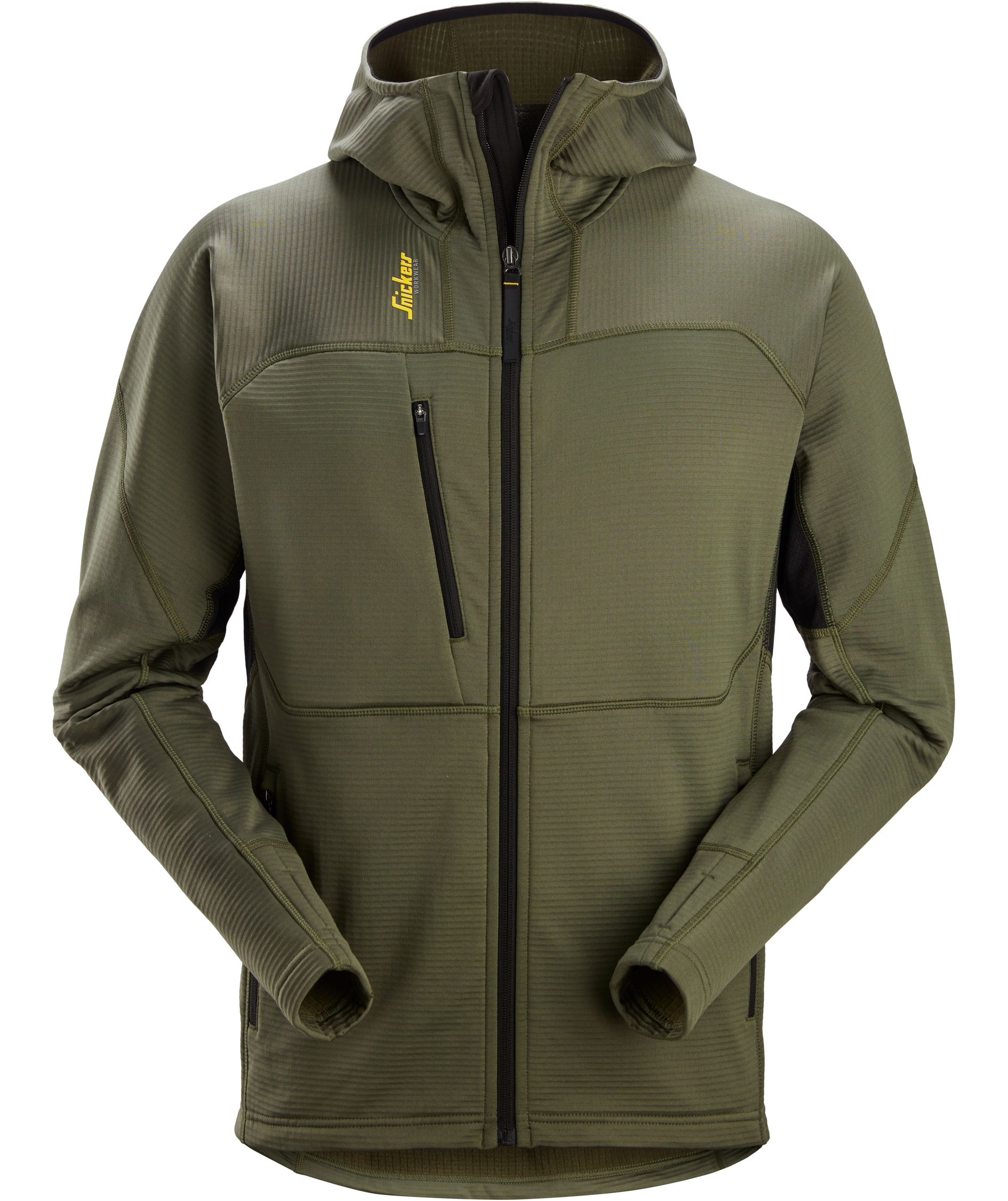 Snickers Body Mapping fleece hettegenser med glidel&aring;s 9420, Khaki Green/Black, Khaki Green/Black, swatch