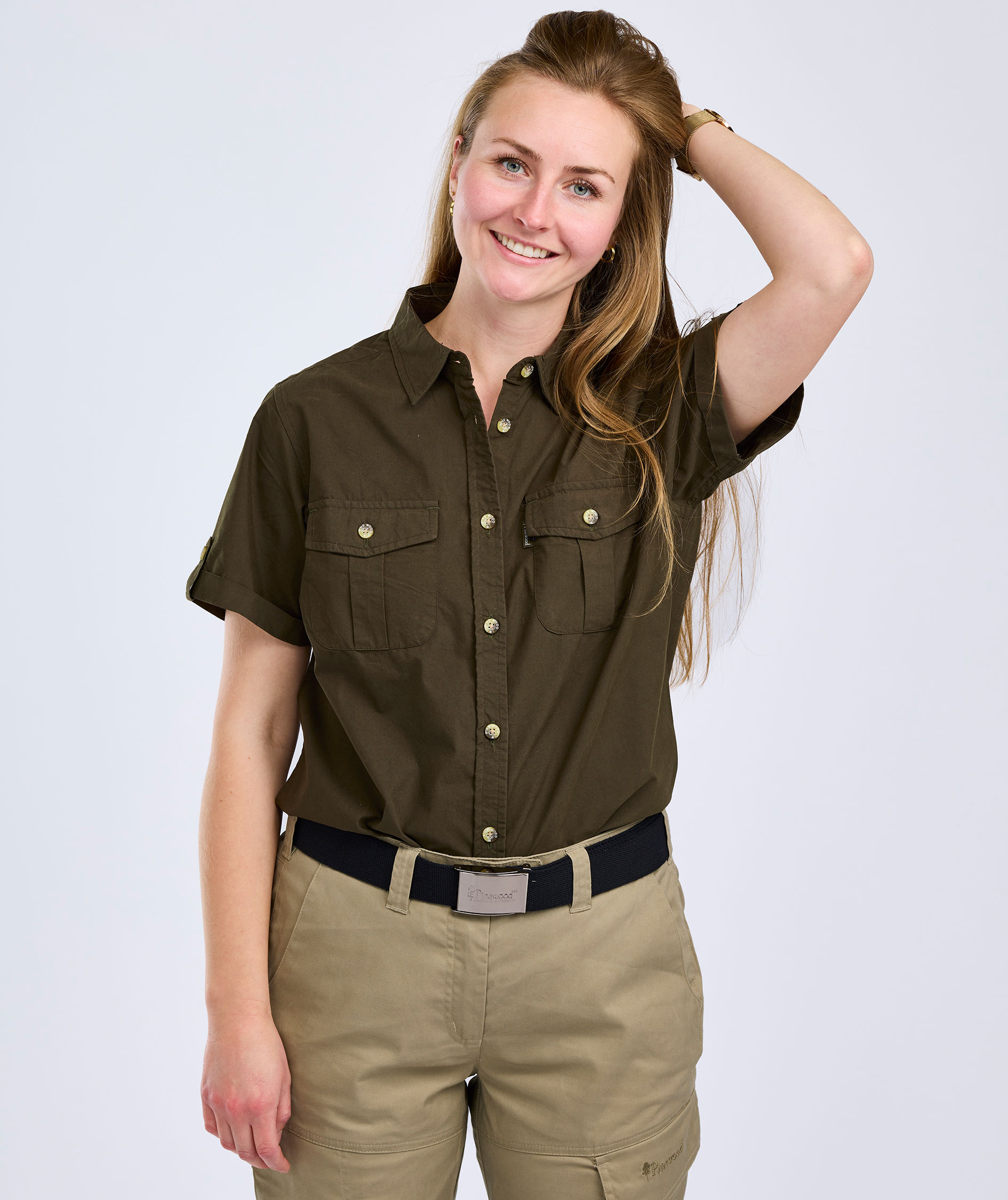 Pinewood Safari kort&aelig;rmet dameskjorte, Moss green, large image number 1