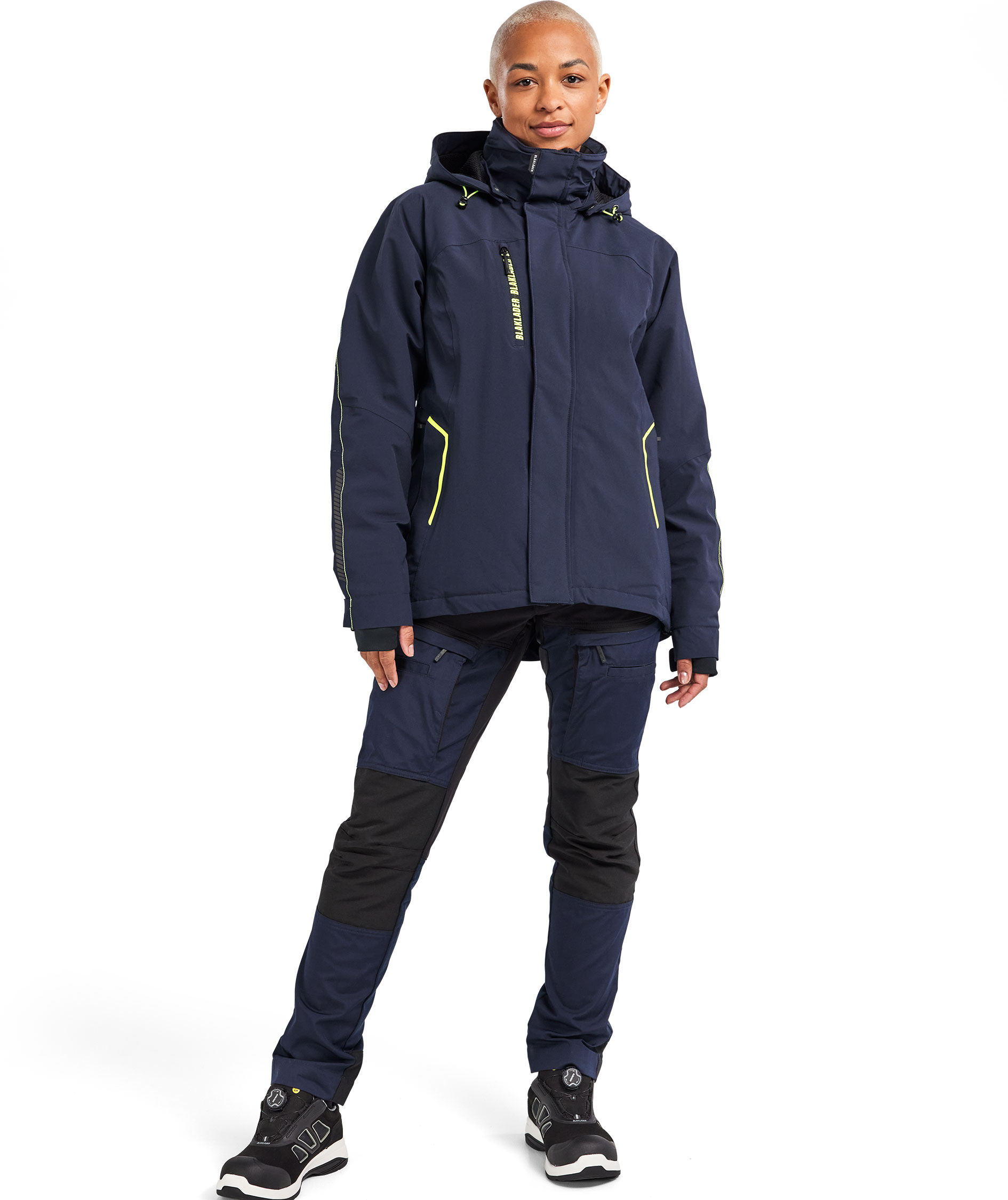 Bl&aring;kl&auml;der dame jakke full stretch, M&oslash;rk Marine/Hi-Vis Gul