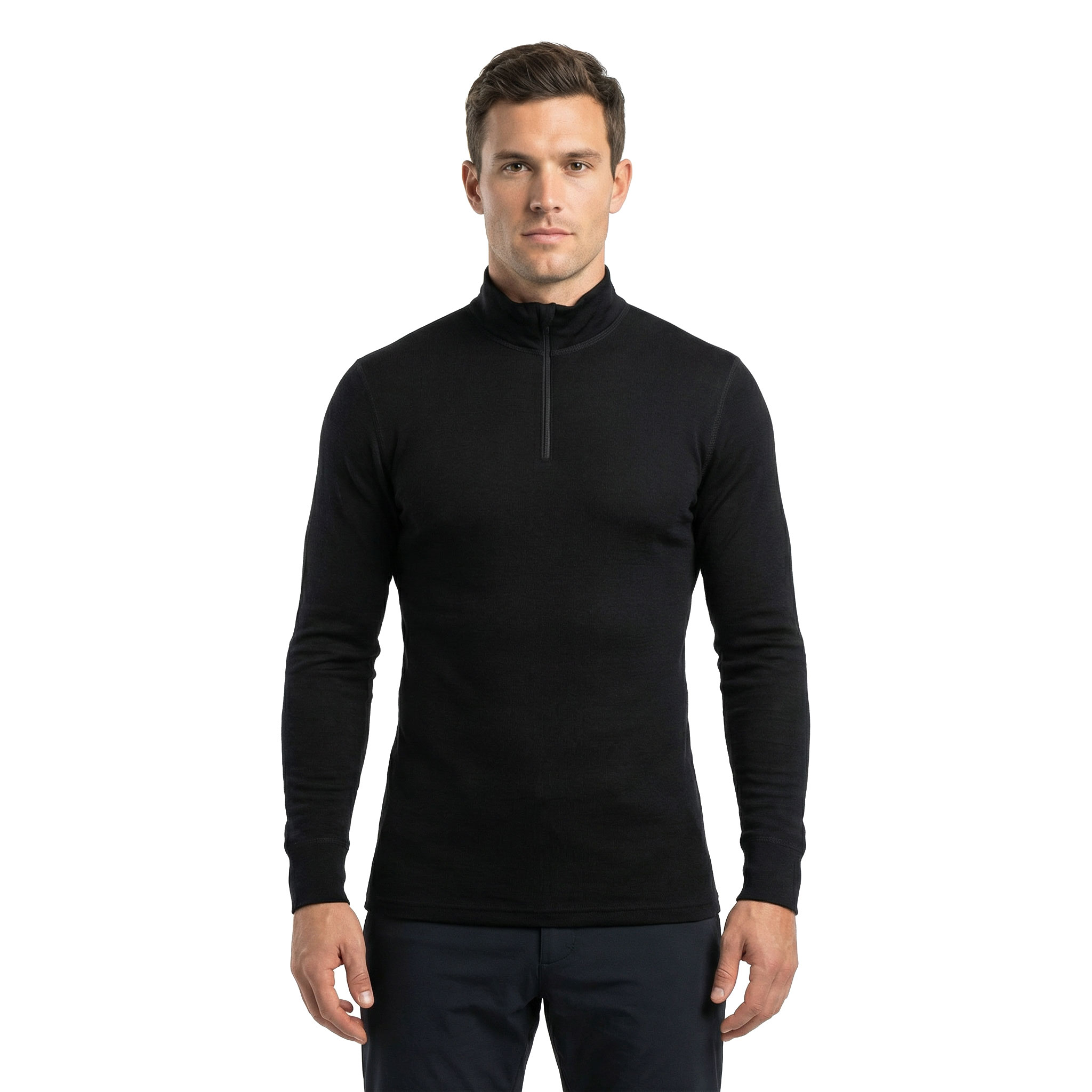 Westborn half zip lang&aelig;rmet T-shirt med merinould, Black