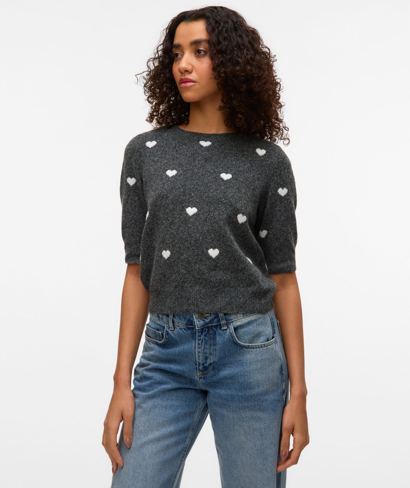 Vero Moda VMDOFFY INTARSIA women's short-sleeved knitted pullover, Dark Grey Melange/White Hearts, large image number 5