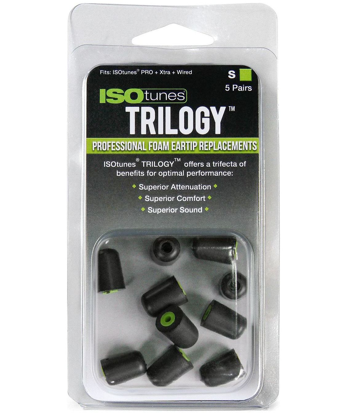 ISOtunes Trilogy&trade; 5-pack earplugs for hearing protection, Black