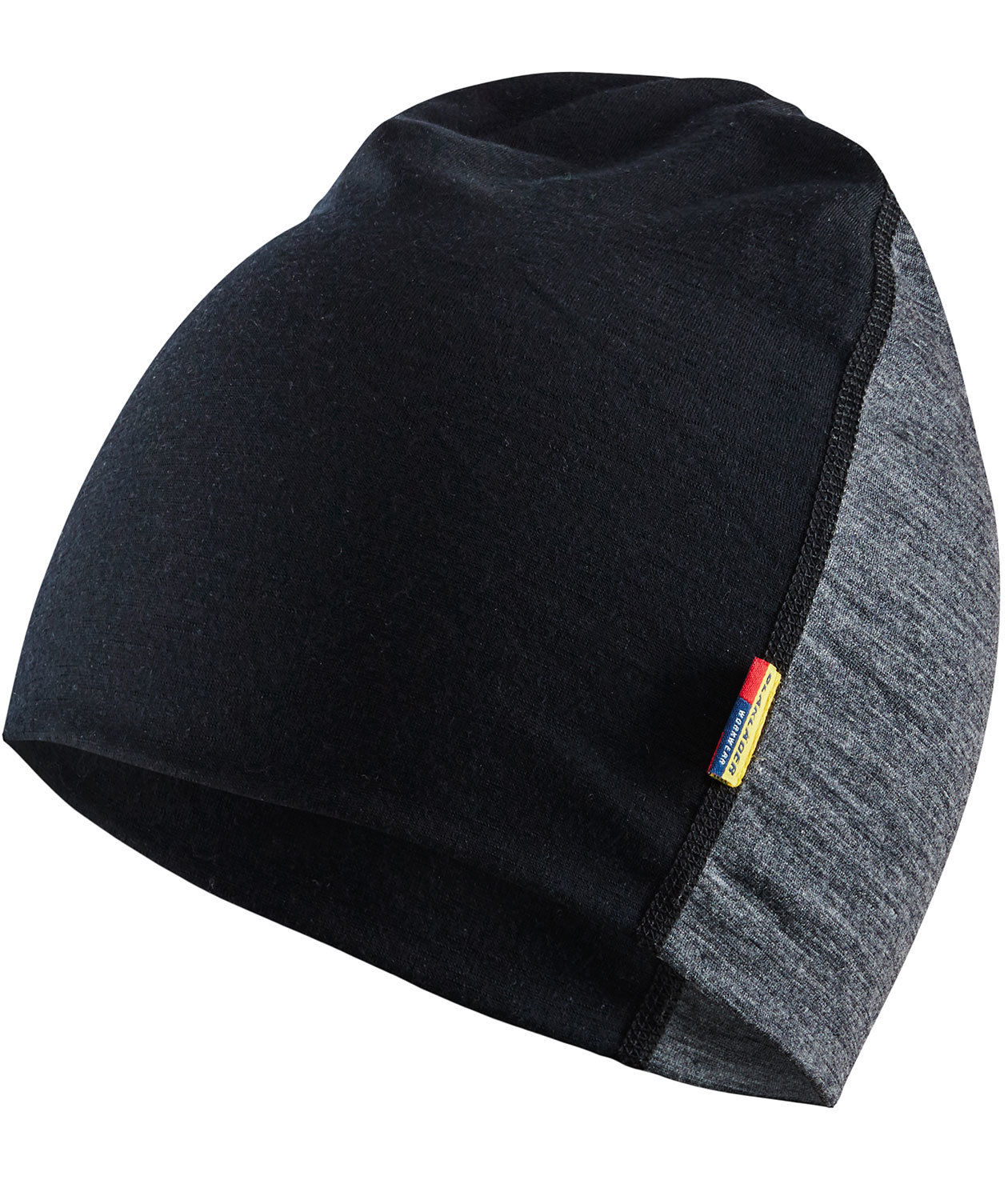 Bl&aring;kl&auml;der beanie med merinould, Gr&aring;/Sort