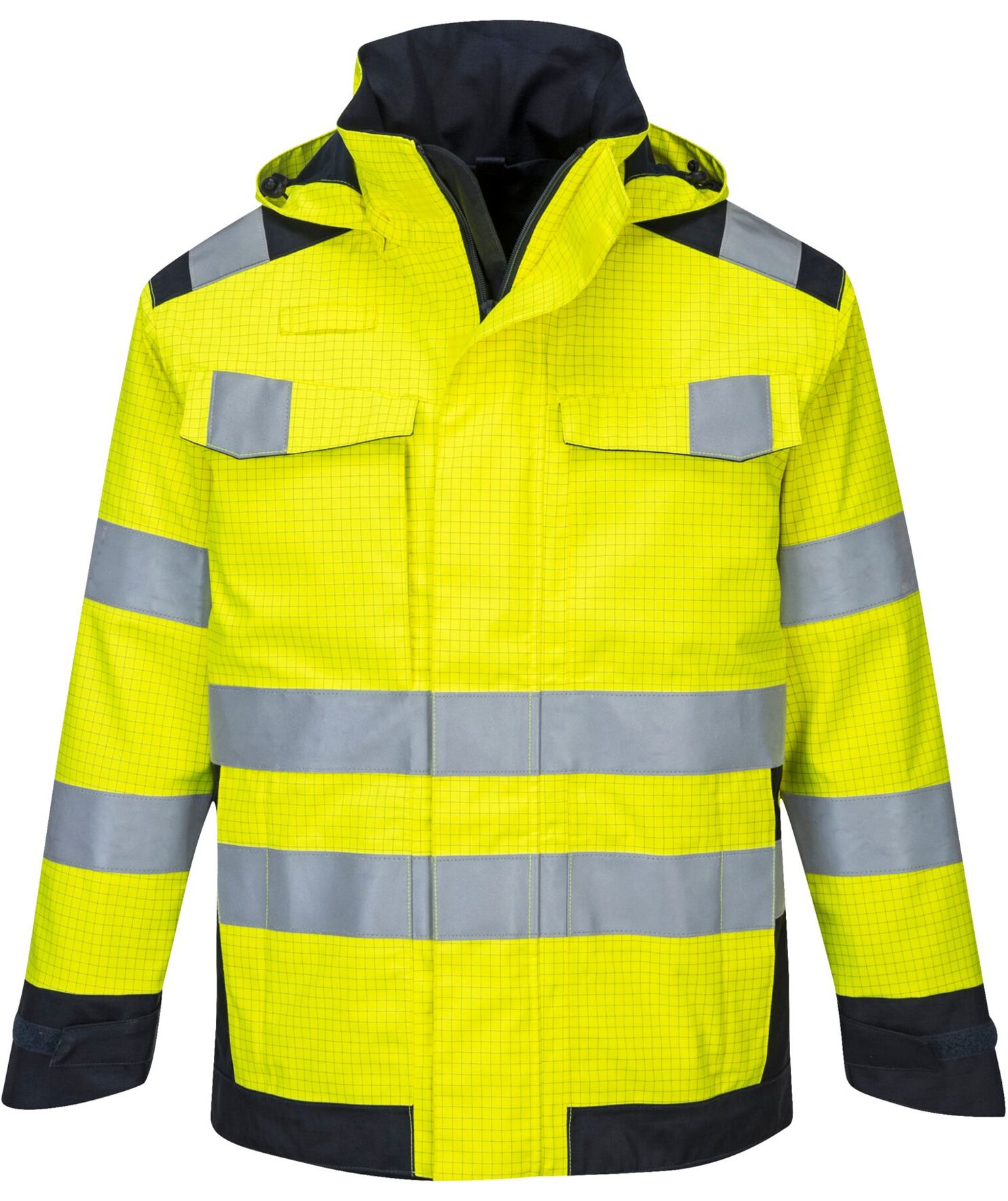 Portwest Modaflame Multinorm Arc regnjacka, Varsel yellow/marinbl&aring;