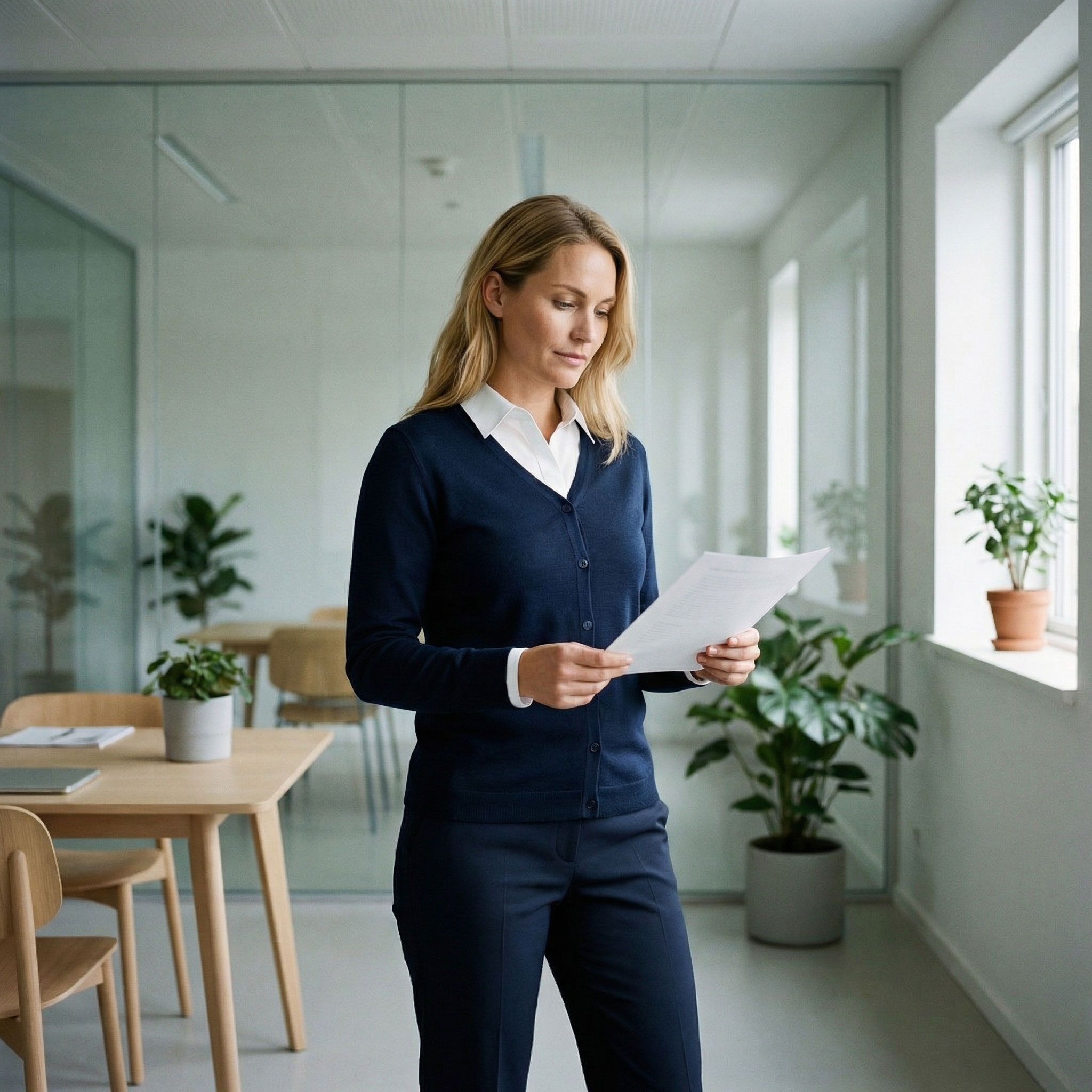 ID stickad cardigan med merinoull dam, Marinbl&aring;