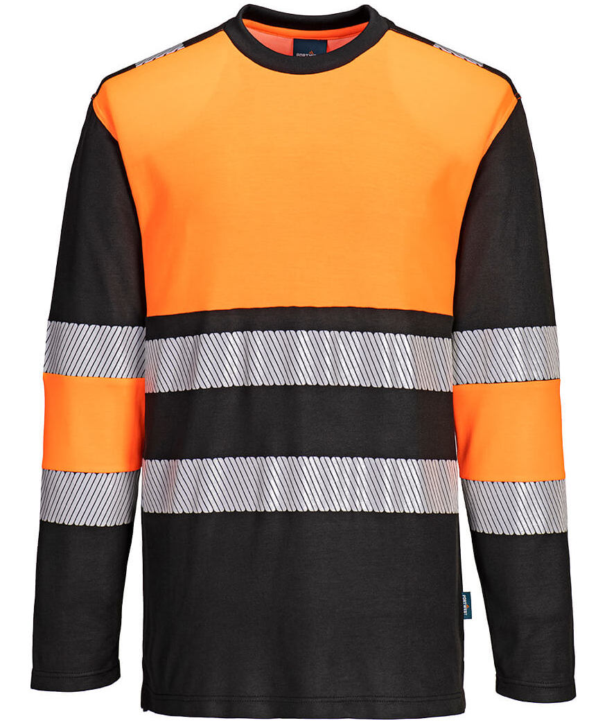 Portwest PW3 lang&auml;rmliges T-Shirt, Hi-Vis Orange/Schwarz