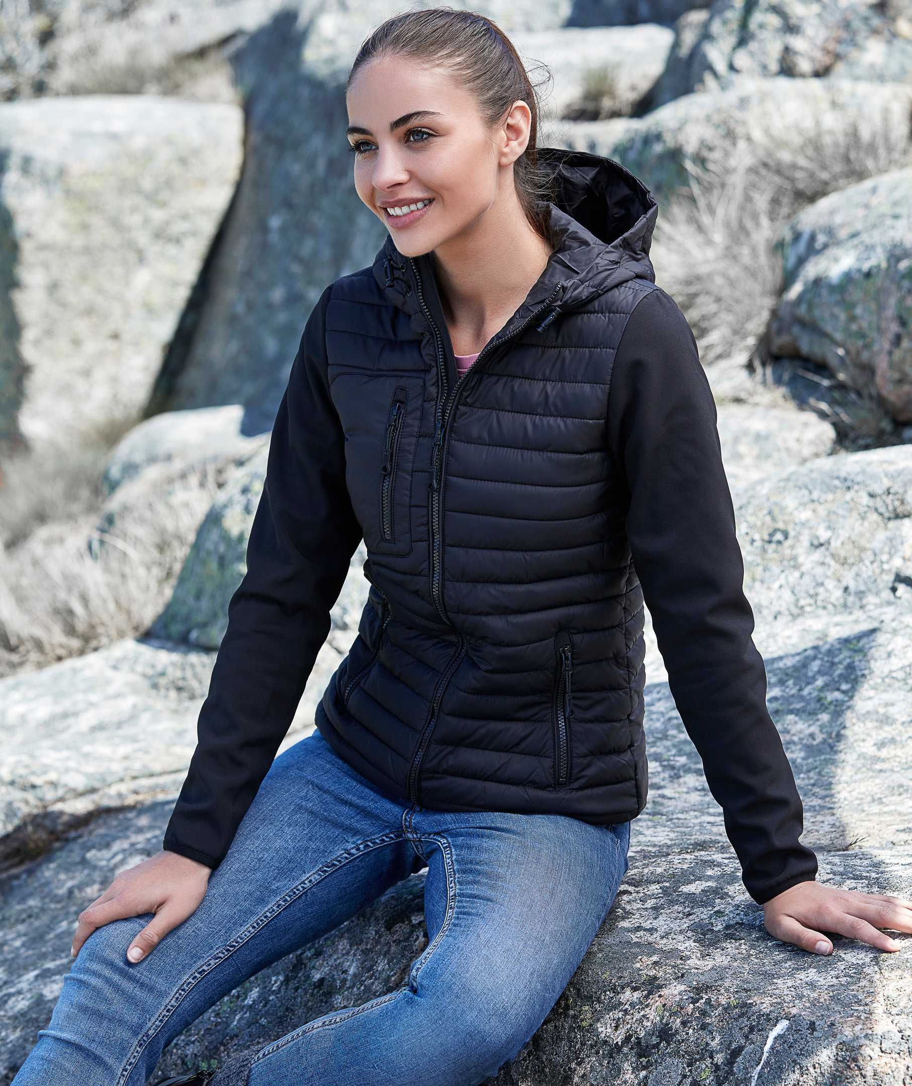 Tee Jays Hooded Crossover women's jacket, Black