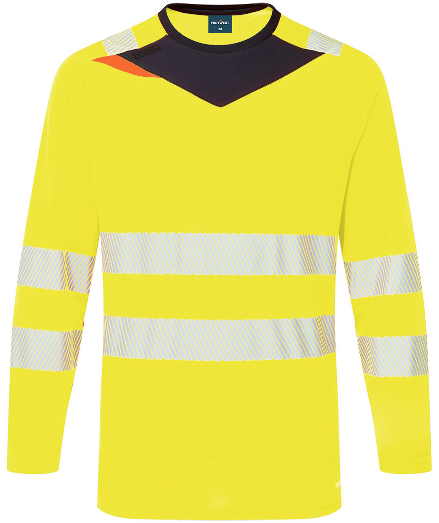 Portwest PW3 l&aring;ng&auml;rmad T-shirt, Varsel Gul/Svart