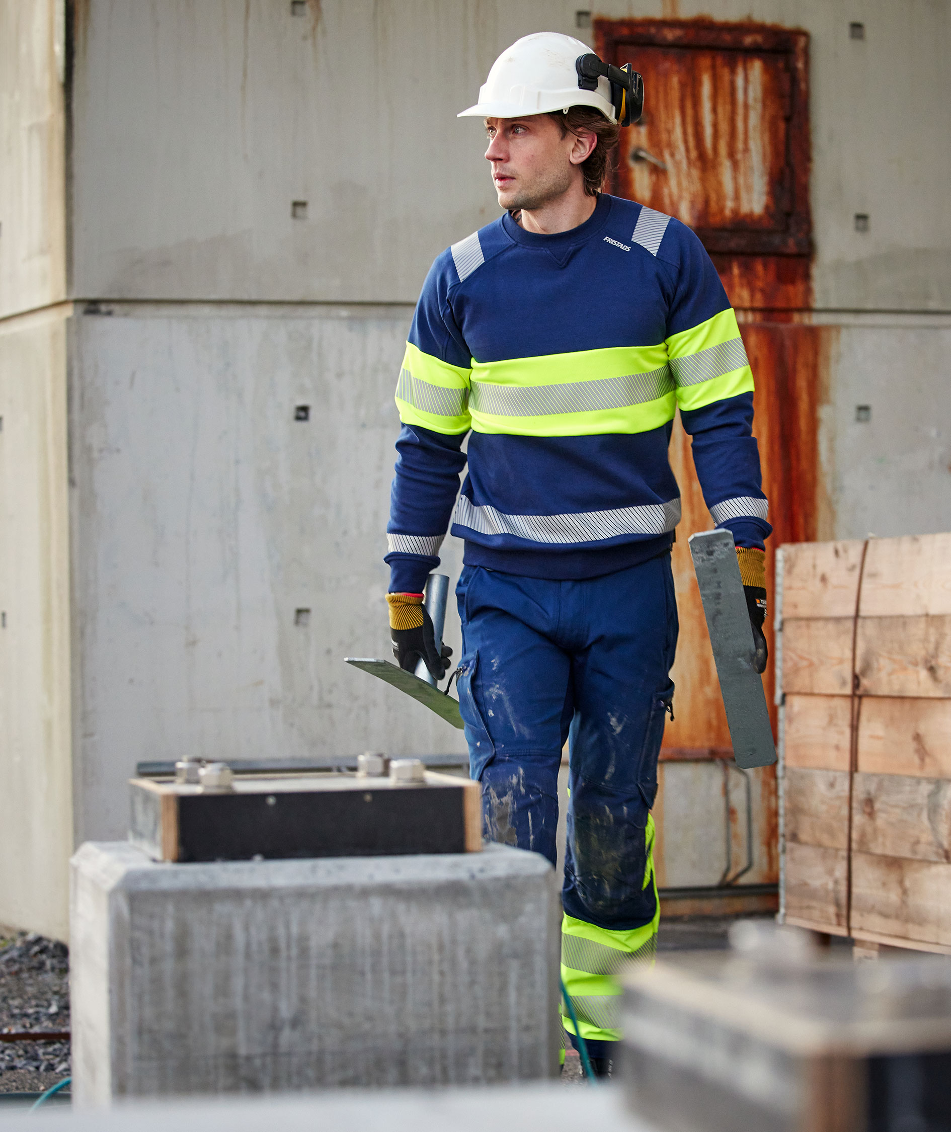 Fristads sweatshirt 7530 GKC, Varsel yellow/marinbl&aring;