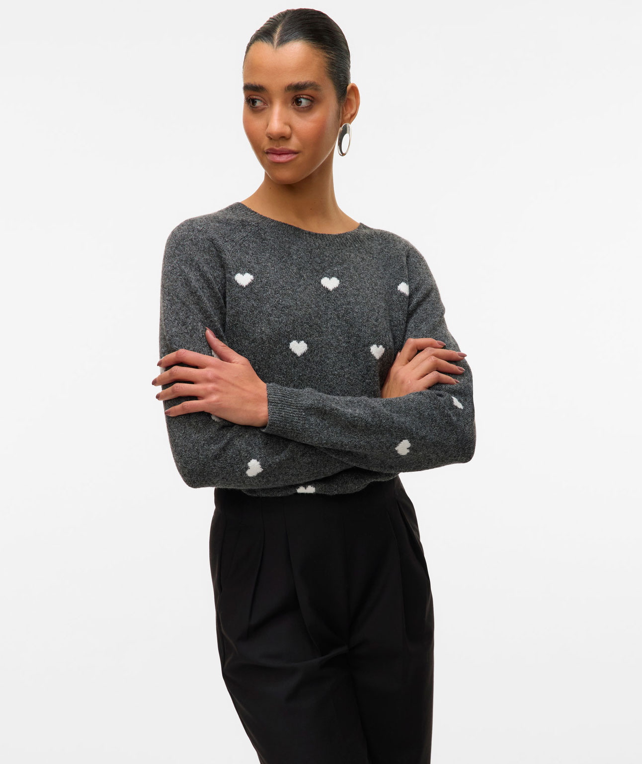 Vero Moda VMDOFFY INTARSIA stickad tr&ouml;ja dam, Dark Grey Melange/White Hearts, large image number 5