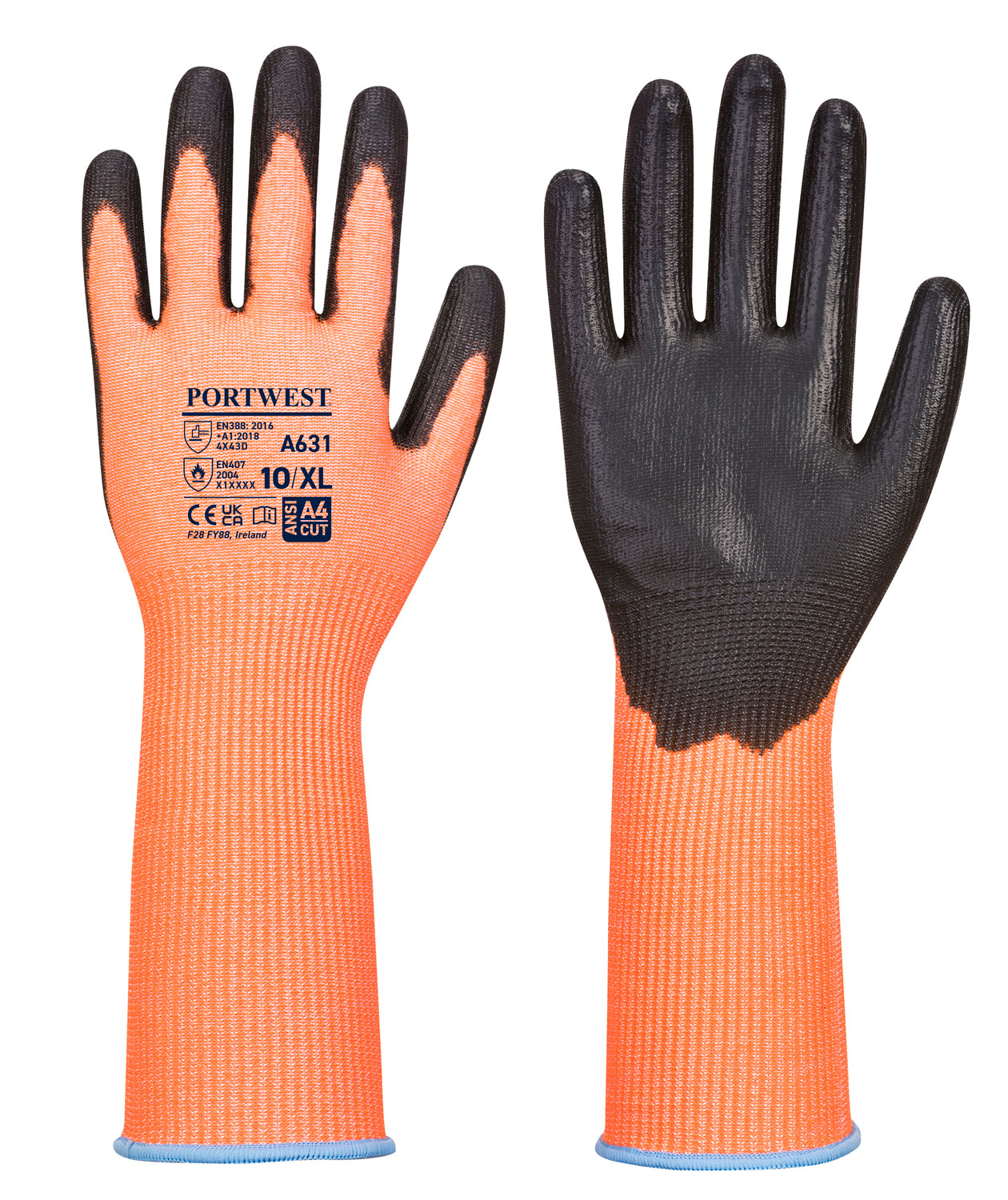 Portwest A631 sk&auml;rskyddshandskar Cut D, Orange/Svart