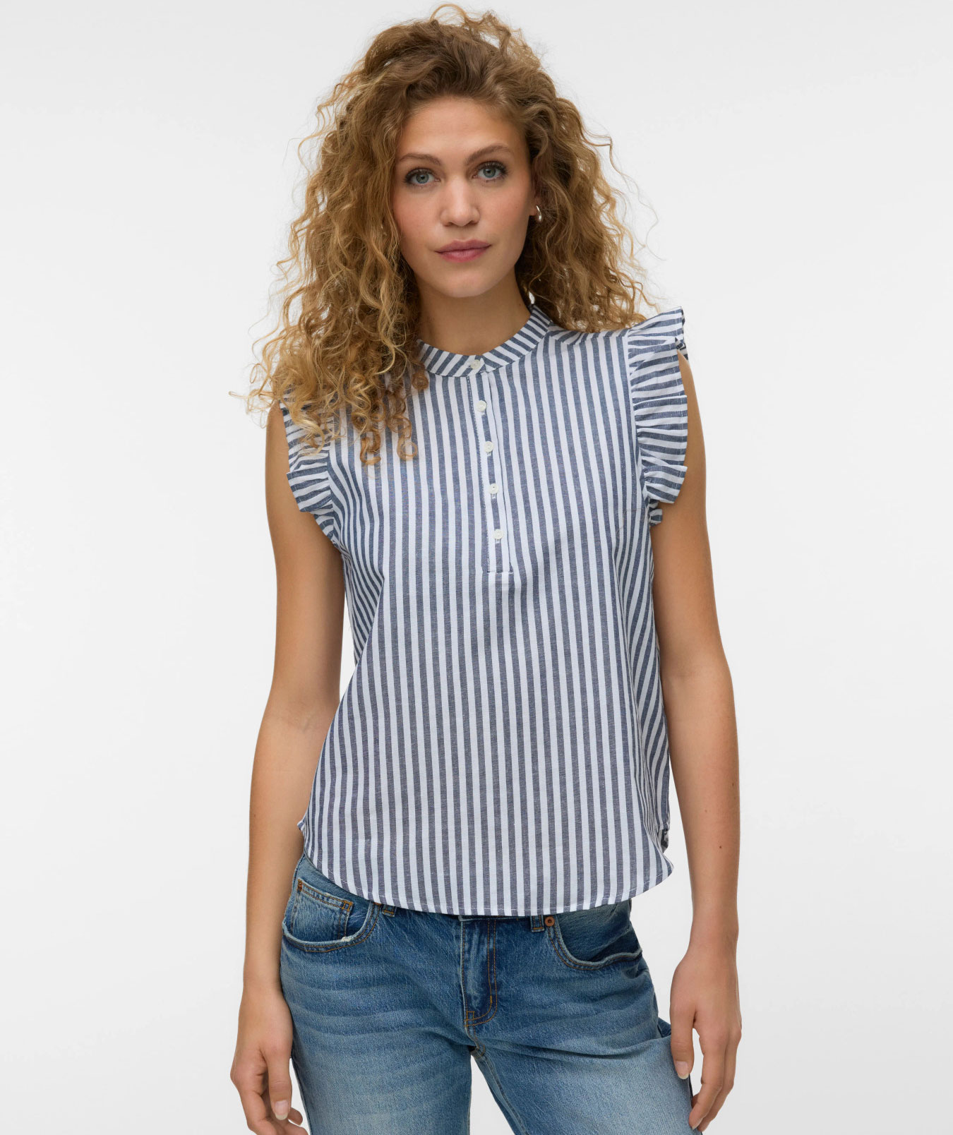 Vero Moda VMSELMA FRILL damebluse, Navy Blazer/Snow White Stripes