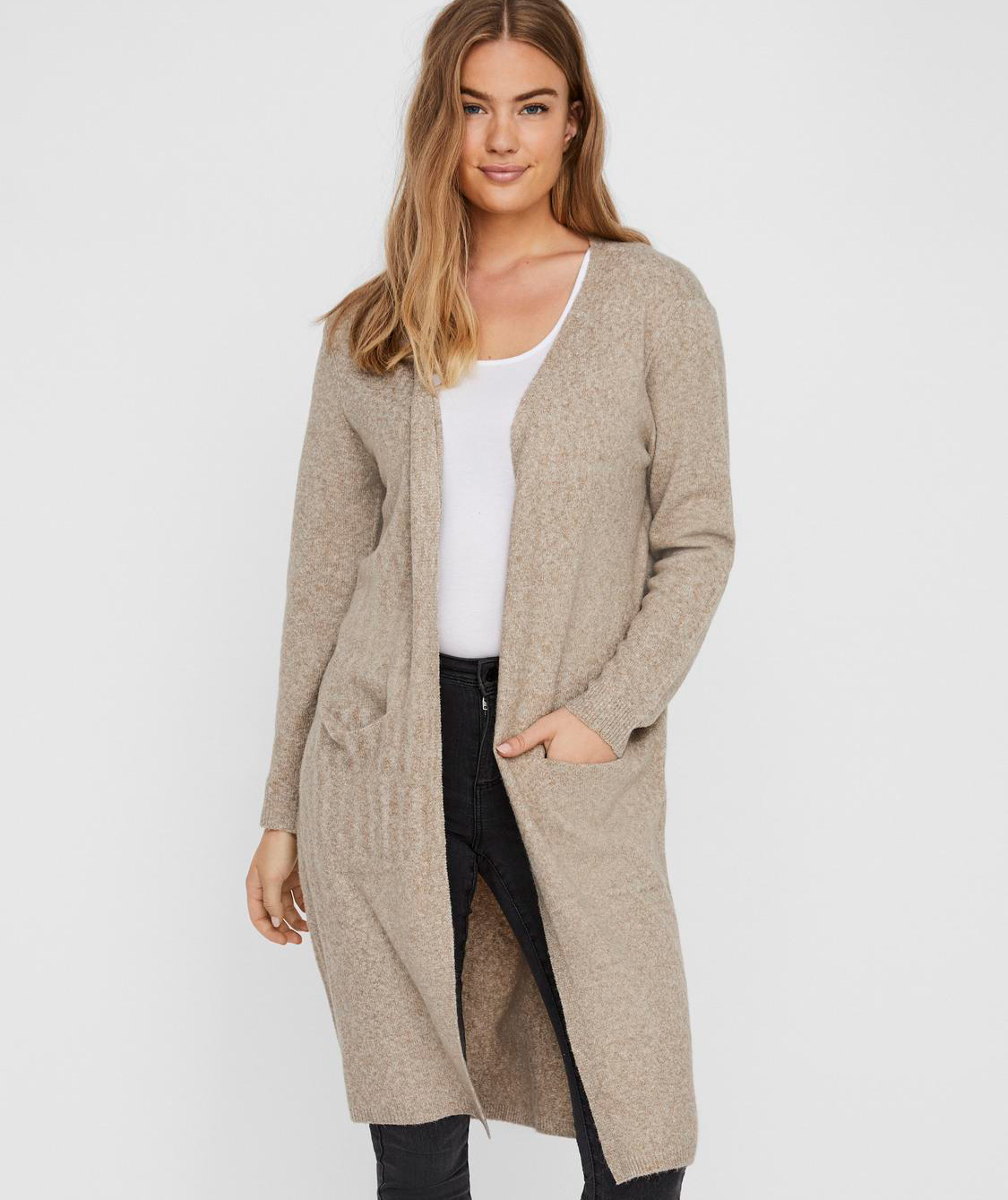 Vero Moda VMDOFFY l&aring;ng stickad cardigan dam, Sepia Tint