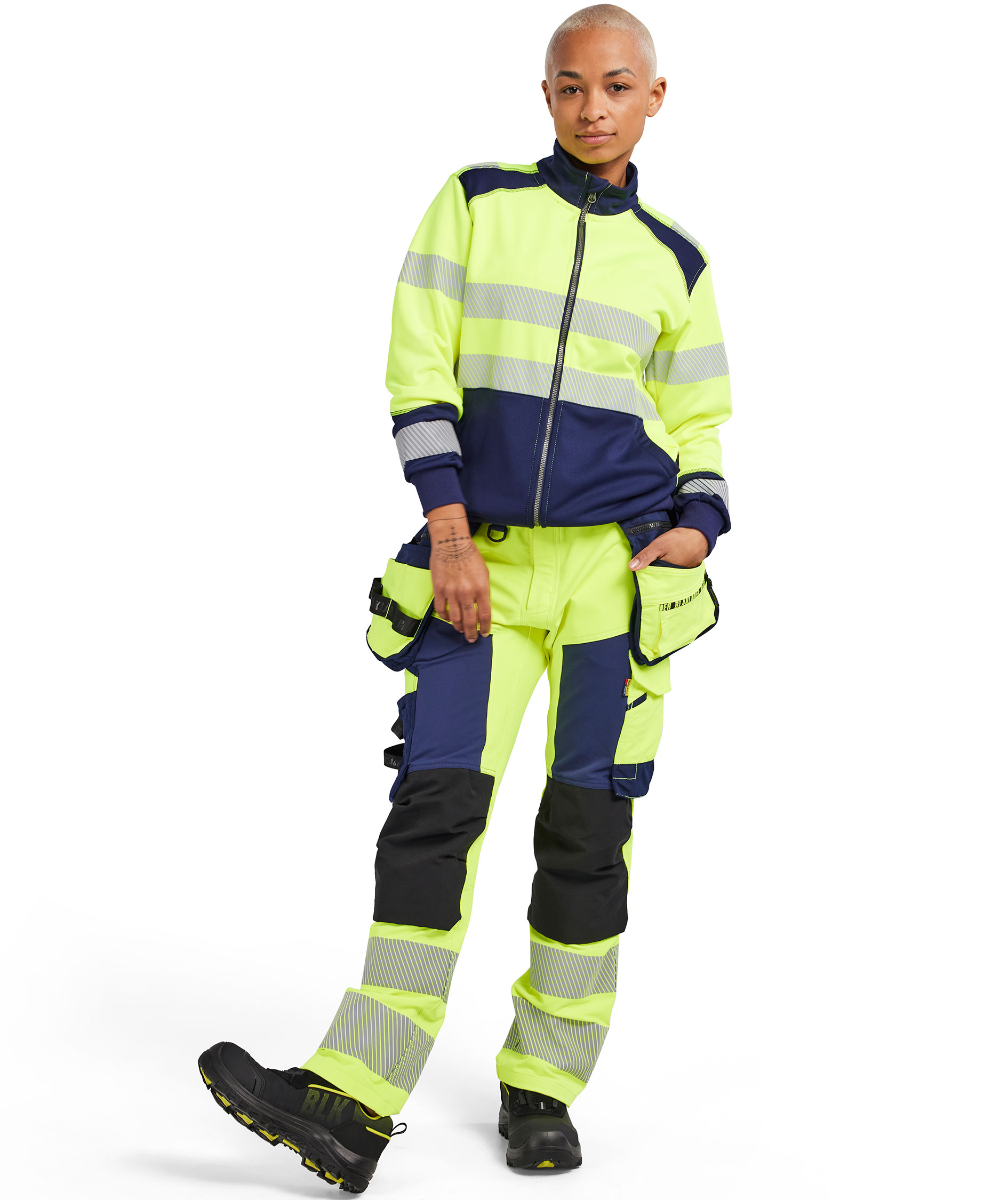 Bl&aring;kl&auml;der dame h&aring;ndv&aelig;rkerbukser full stretch, Hi-Vis gul/marine