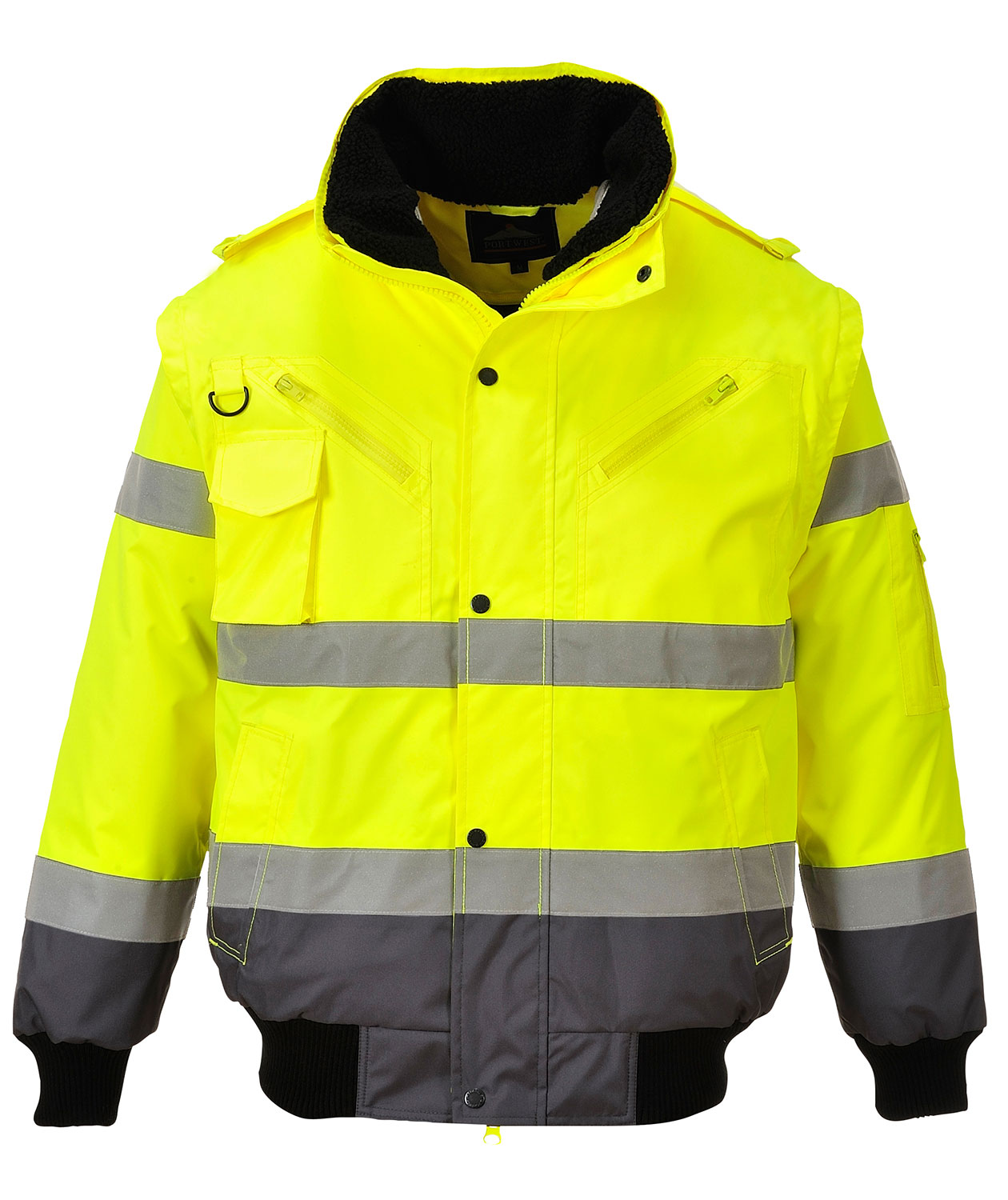 Portwest 3-i-1 pilotjacka med avtagbara &auml;rmar, Varsel Gul/Gr&aring;