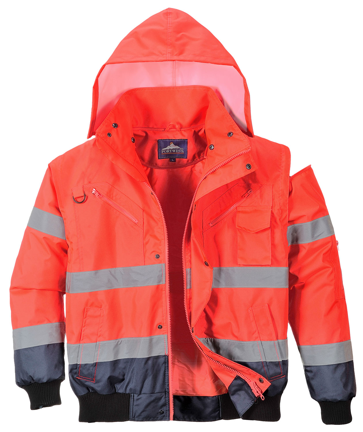 Portwest 3-i-1 pilotjacka med avtagbara &auml;rmar, Varsel r&ouml;d/marinbl&aring;