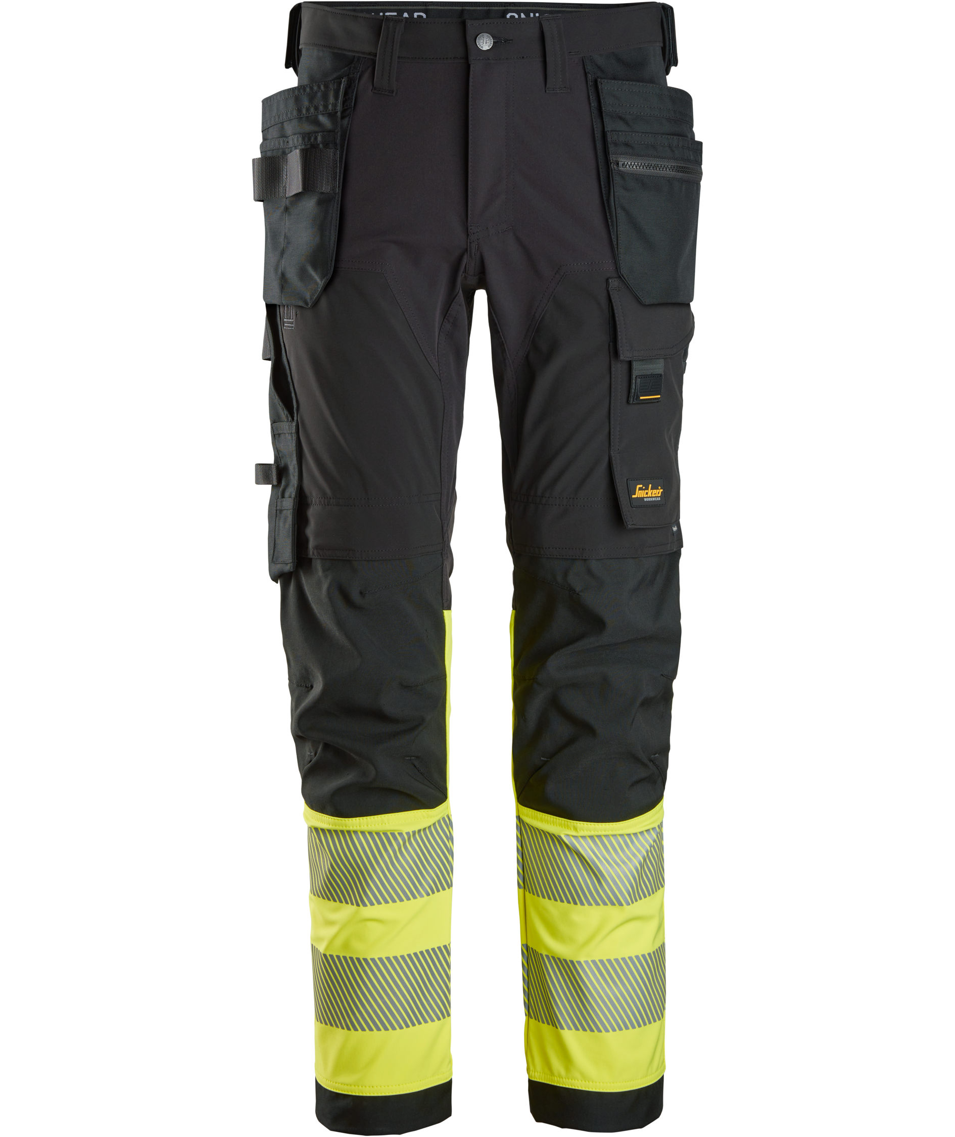Snickers h&aring;ndv&aelig;rkerbukser 6231 full stretch, Hi-Vis Sort/Gul