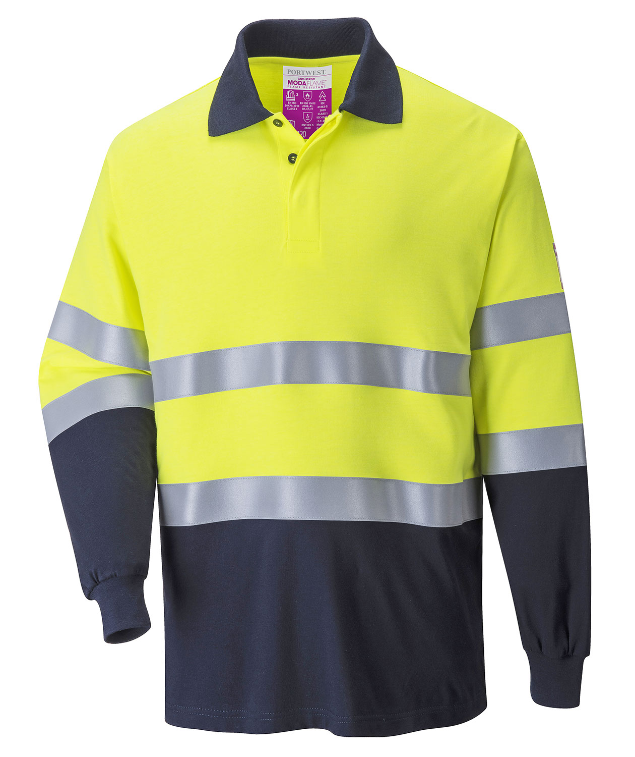 Portwest FR l&aring;ng&auml;rmad pik&eacute;tr&ouml;ja, Varsel yellow/marinbl&aring;