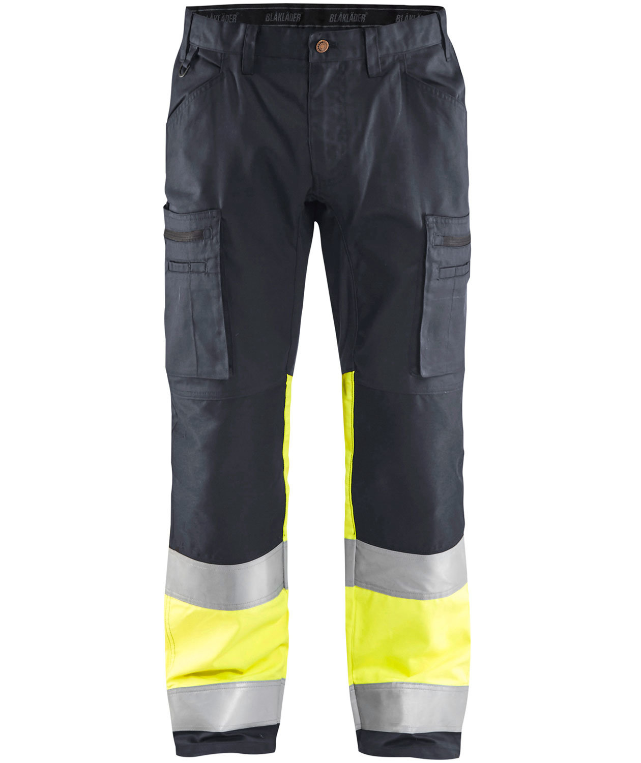 Bl&aring;kl&auml;der arbetsbyxa, Gr&aring;/Varsel Gul