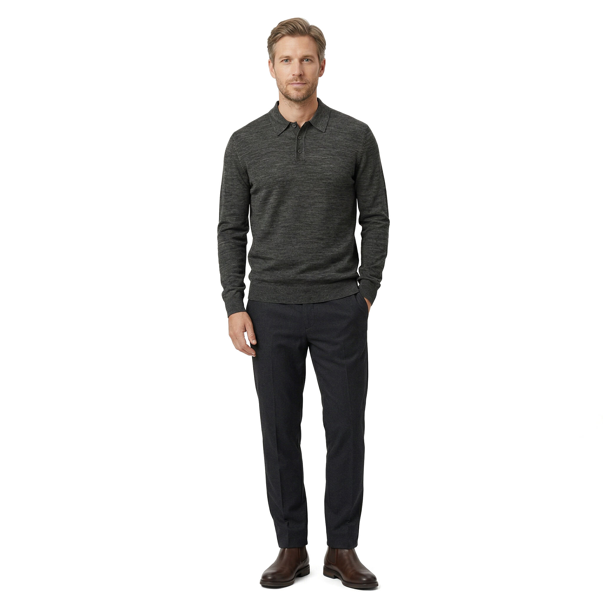 Jack & Jones Premium JPRBLAMERINO Polo Strickpullover mit Merinowolle, Peat Melange, large image number 2