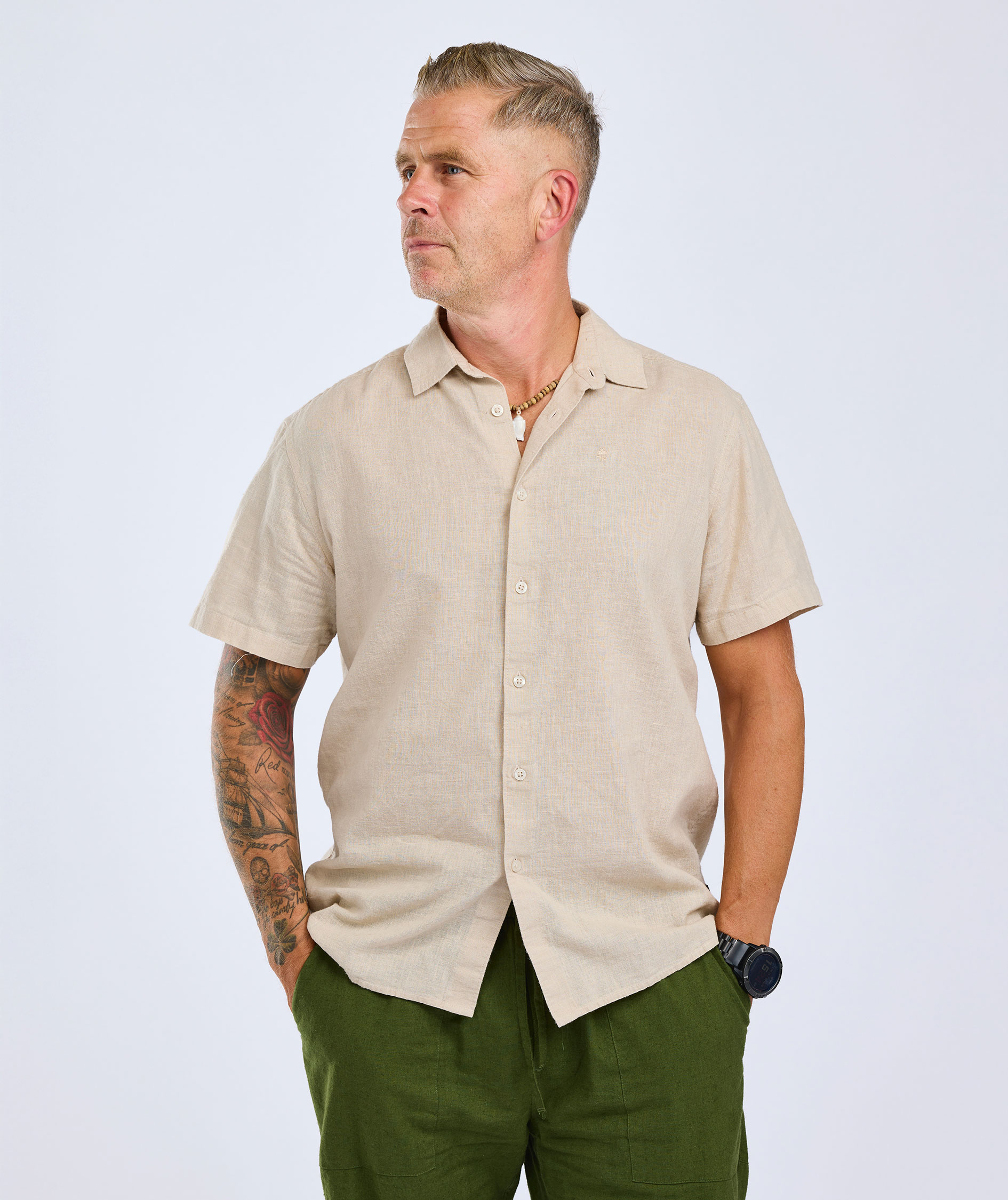 Pinewood V&auml;rnamo kort&aelig;rmet skjorte, Linen Beige