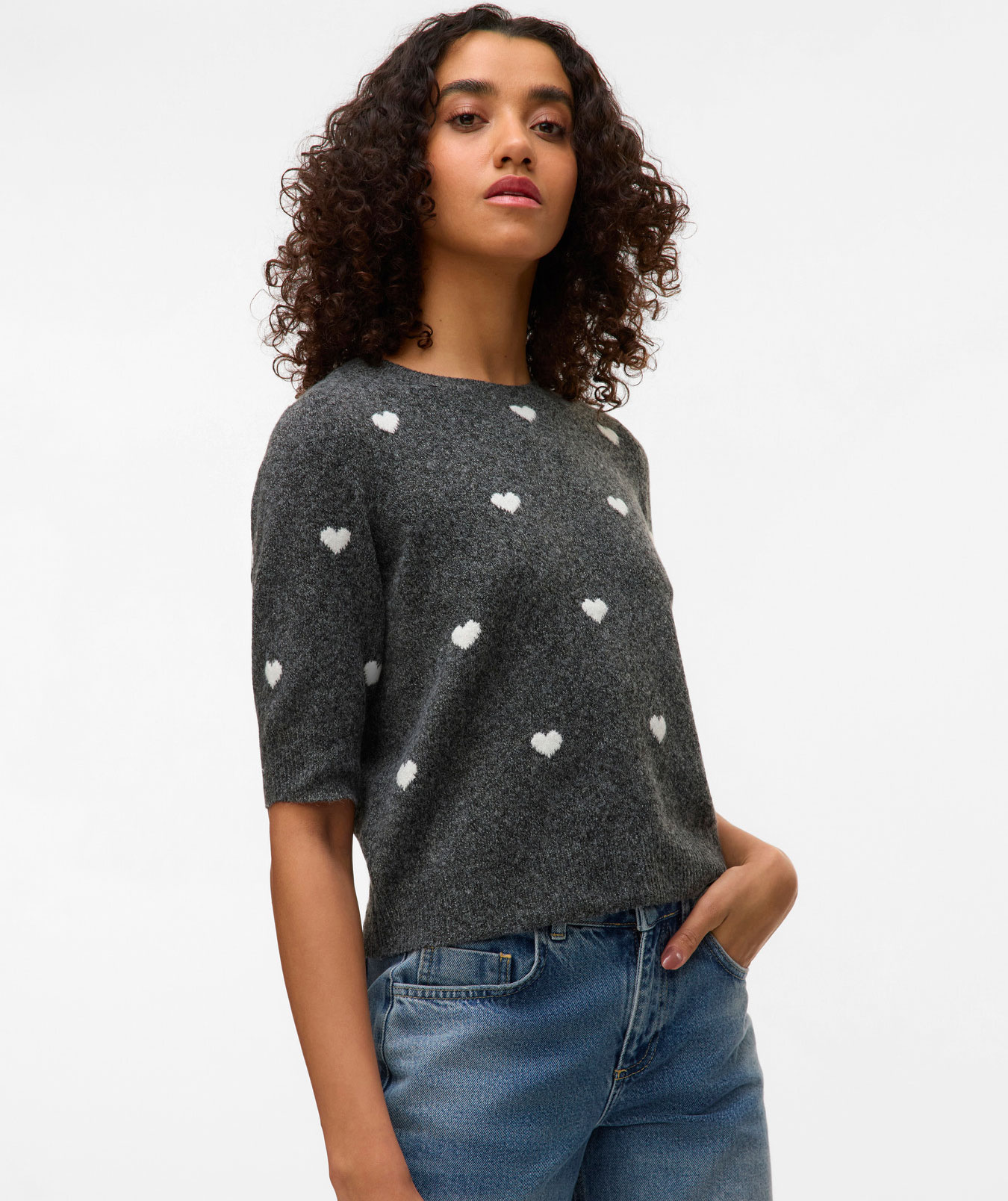 Vero Moda VMDOFFY INTARSIA women's short-sleeved knitted pullover, Dark Grey Melange/White Hearts, large image number 4