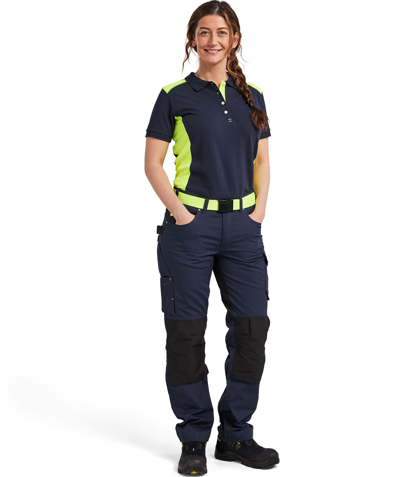Bl&aring;kl&auml;der Unite dame arbejdsbukser, M&oslash;rk Marine/Hi-Vis Gul