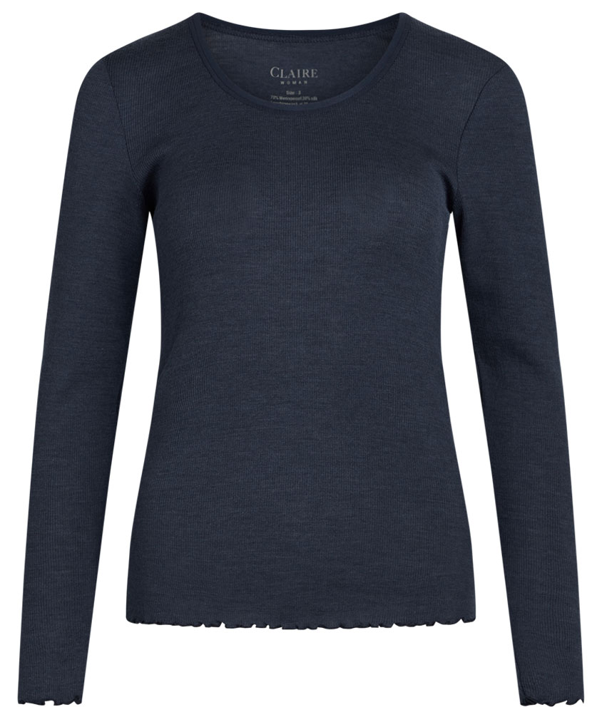 Claire Woman l&aring;ng&auml;rmad T-shirt med merinoull dam, Bl&aring;melerad