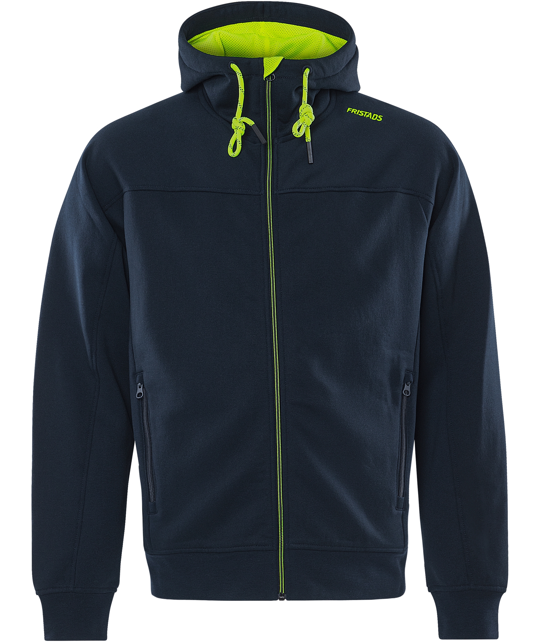 Fristads hettegenser med glidel&aring;s 7550 GSM, M&oslash;rk Marine/Hi-Vis Gul