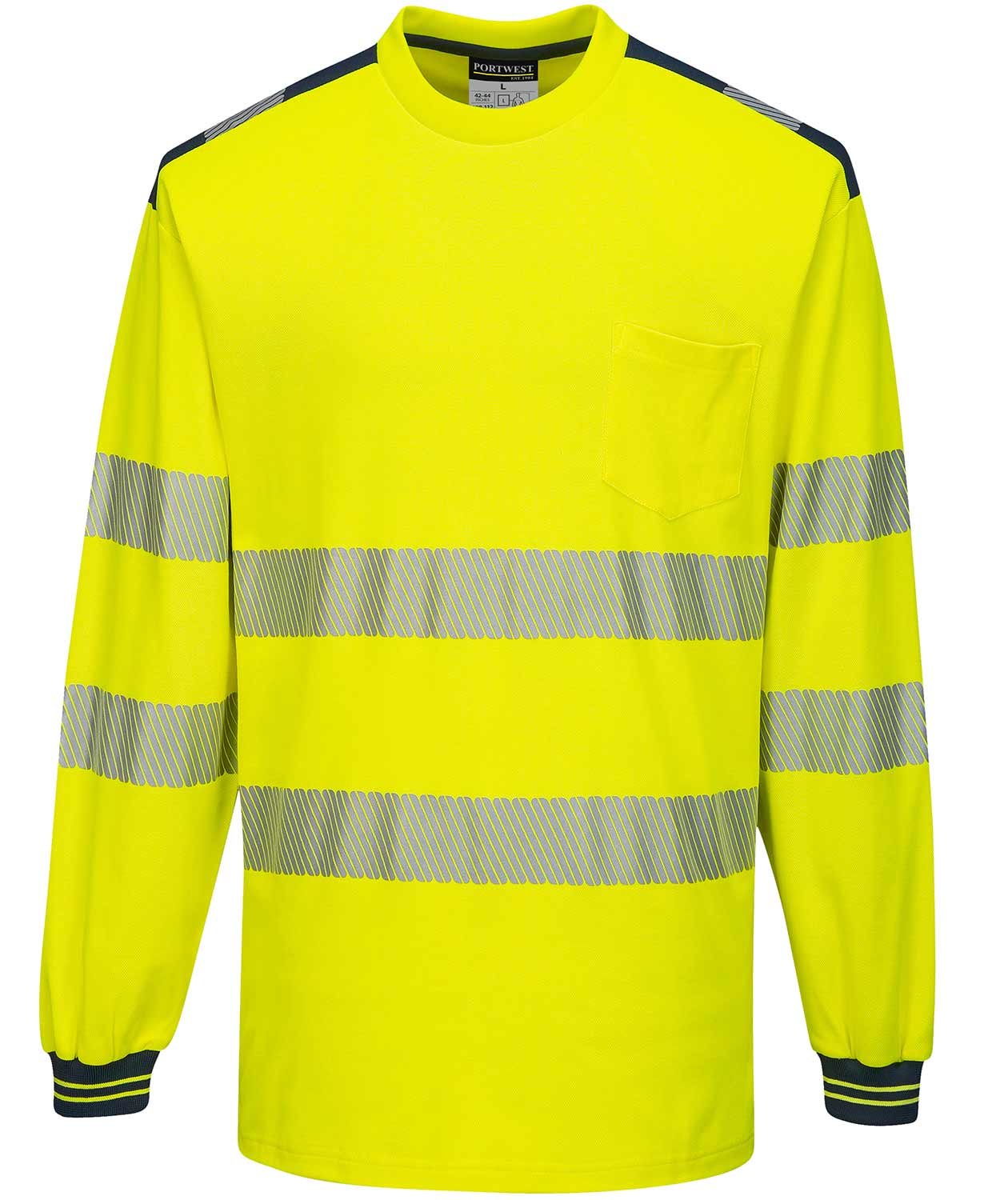 Portwest l&aring;ng&auml;rmad T-shirt, Varsel Gul/M&ouml;rk Marinbl&aring;