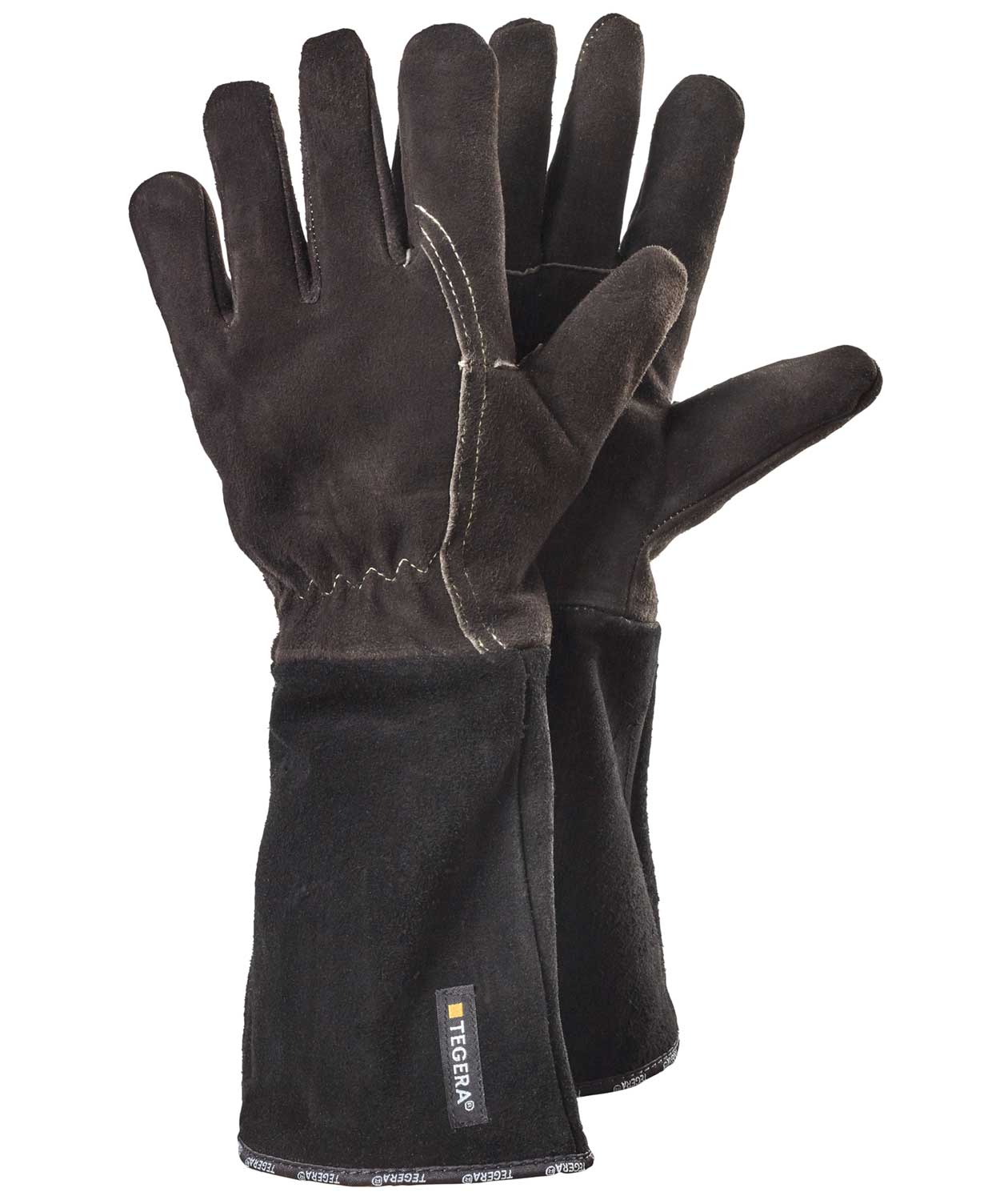 Tegera 134 varme- og svejsehandsker med sk&aelig;rebeskyttelse Cut C, Sort/Brun