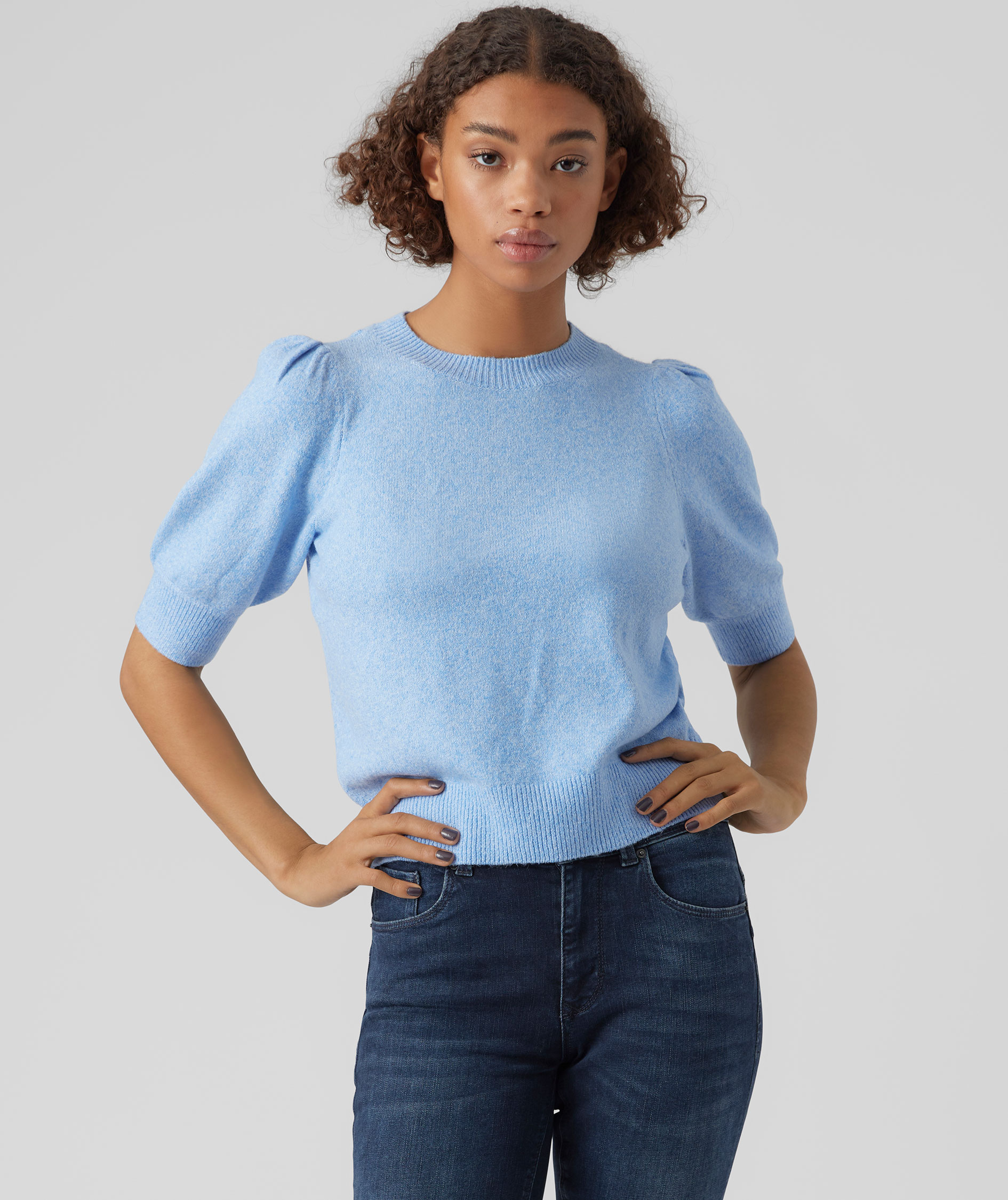 Vero Moda VMDOFFY kort&auml;rmad stickad tr&ouml;ja dam, Little Boy Blue