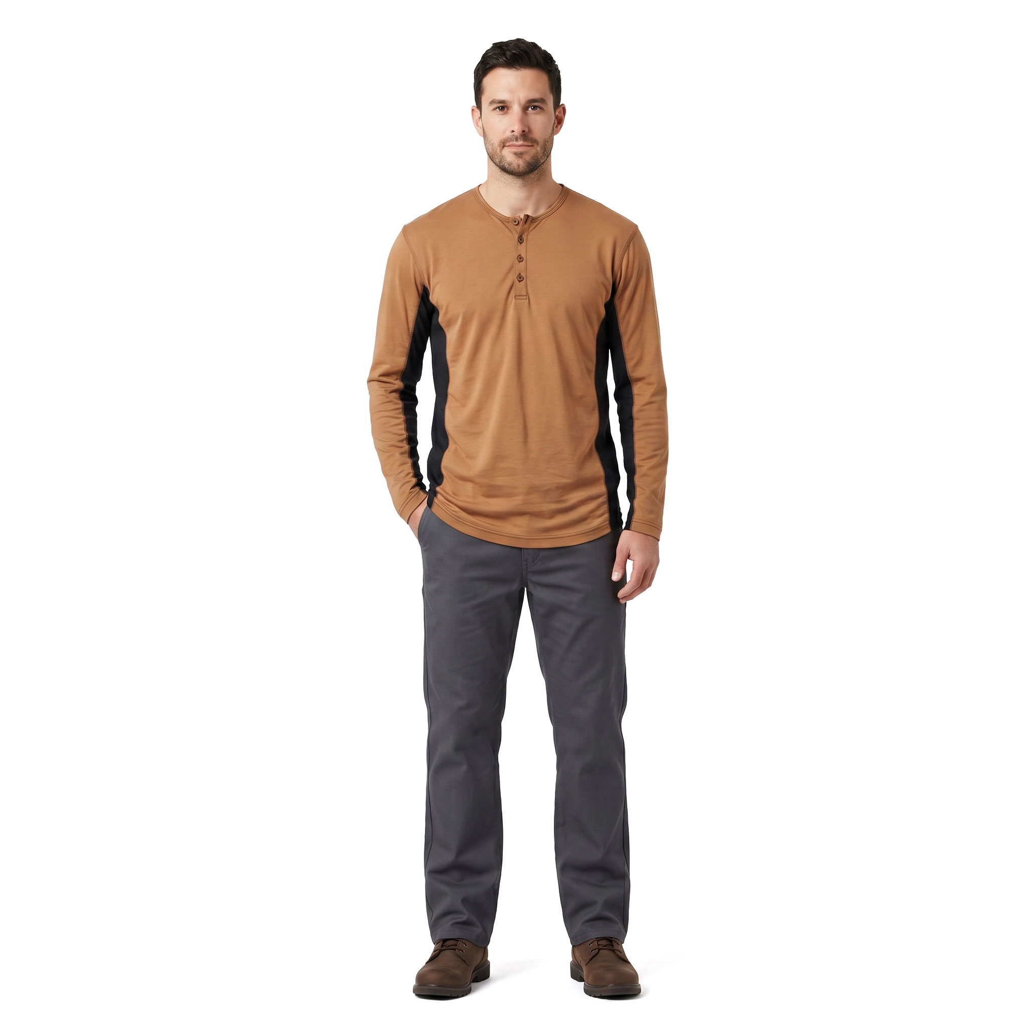 J.A.K. Basic long-sleeved Grandad T-shirt 1627, Camel/black, large image number 2