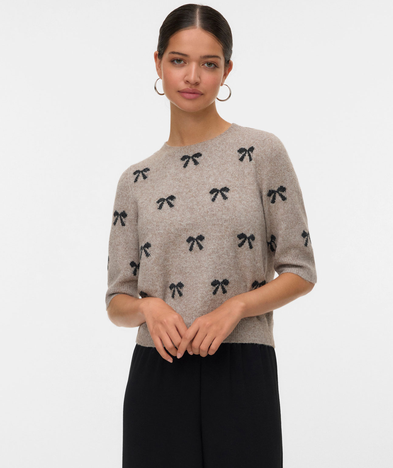 Vero Moda VMDOFFY INTARSIA women's short-sleeved knitted pullover, Moon Rock/Black Bows, large image number 3