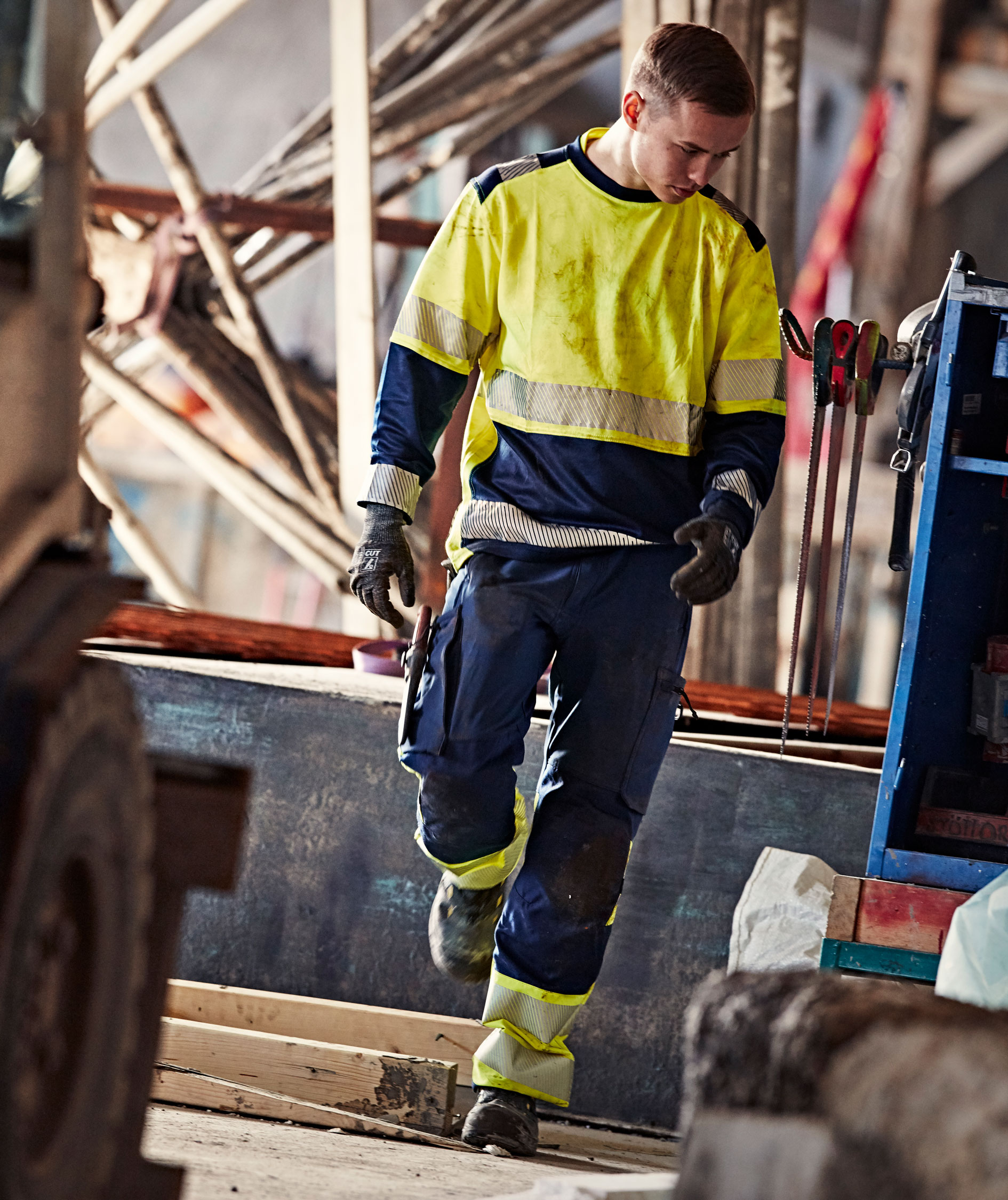 Fristads Green arbetsbyxa 2647 GSTP full stretch, Varsel yellow/marinbl&aring;, large image number 4