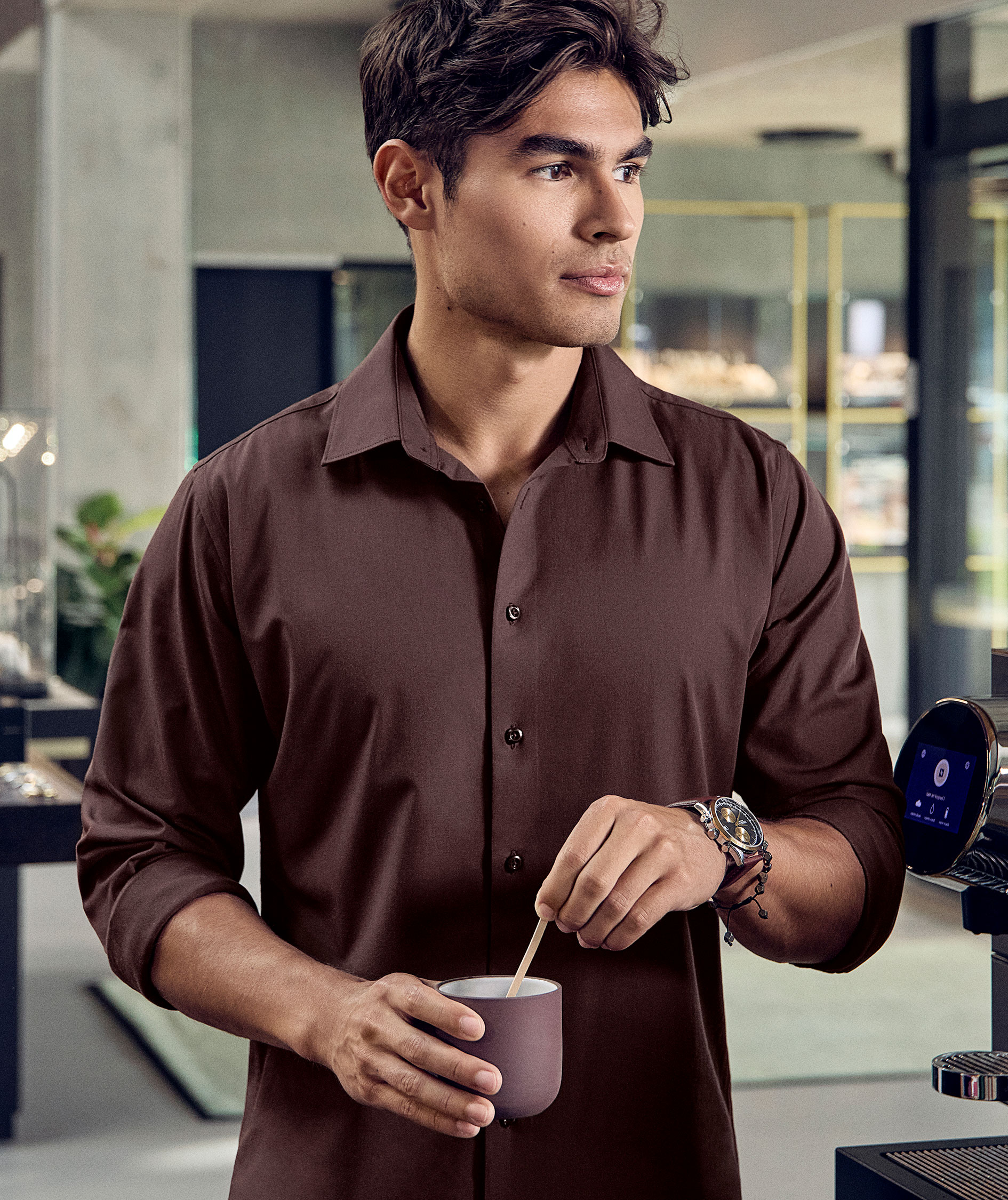 Seven Seas hybrid Slim fit shirt, Mocca