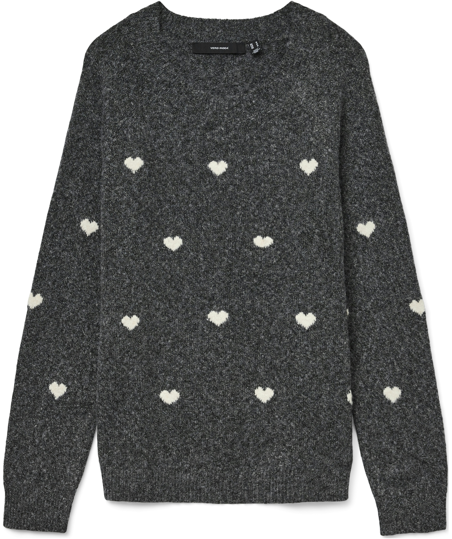 Vero Moda VMDOFFY INTARSIA Damen Strickpullover, Dark Grey Melange/White Hearts
