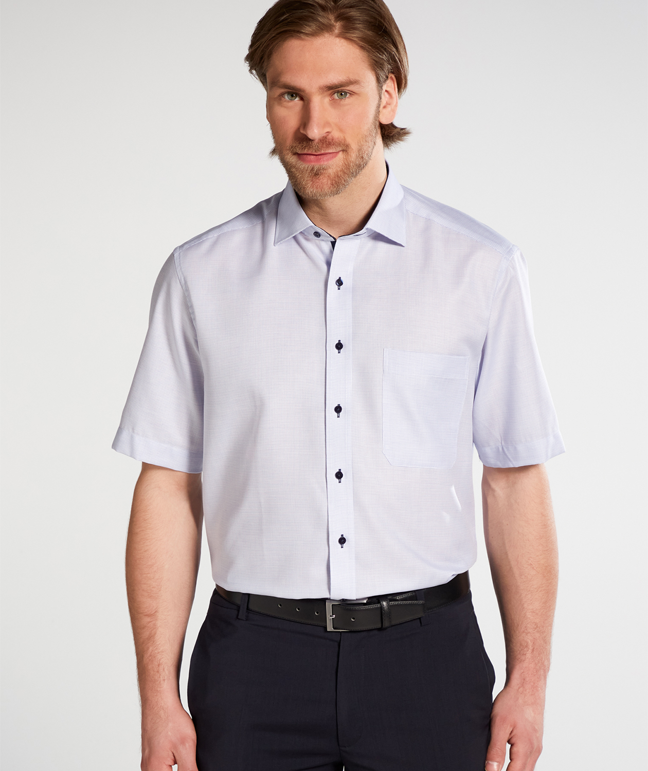 Eterna Comfort fit kort&auml;rmad skjorta Struktur, Ljus Bl&aring;