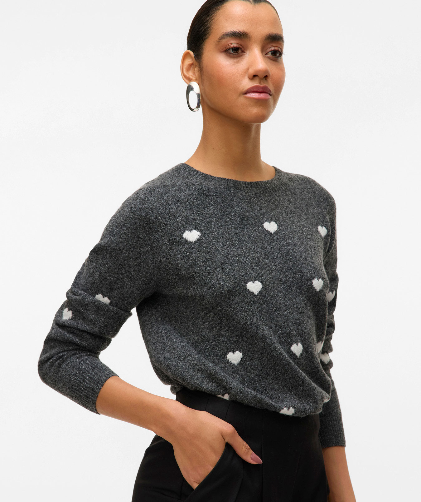 Vero Moda VMDOFFY INTARSIA stickad tr&ouml;ja dam, Dark Grey Melange/White Hearts, large image number 3