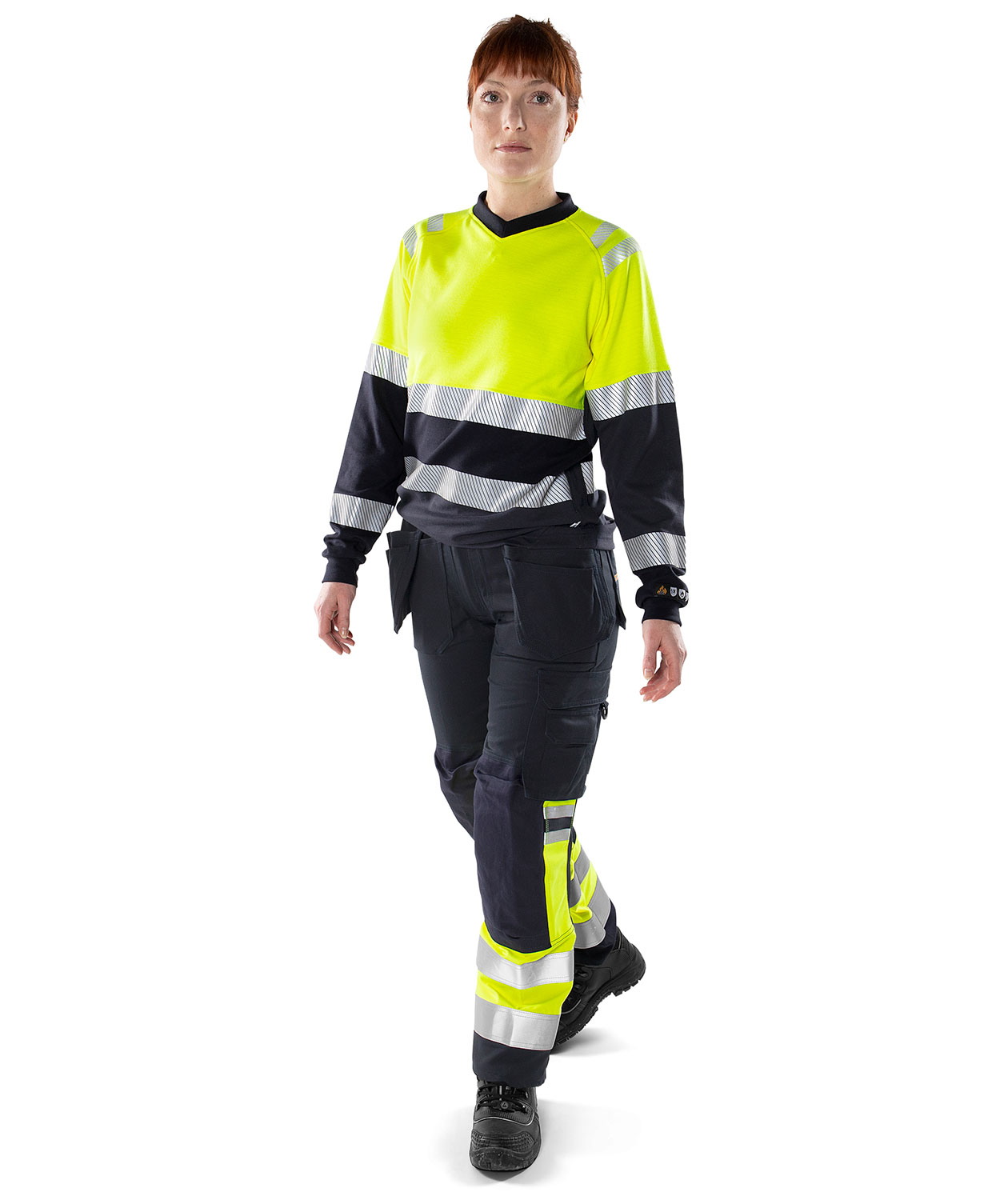 Fristads Flamestat l&aring;ng&auml;rmad T-shirt dam 7108 TFL, Varsel gul/marinbl&aring;