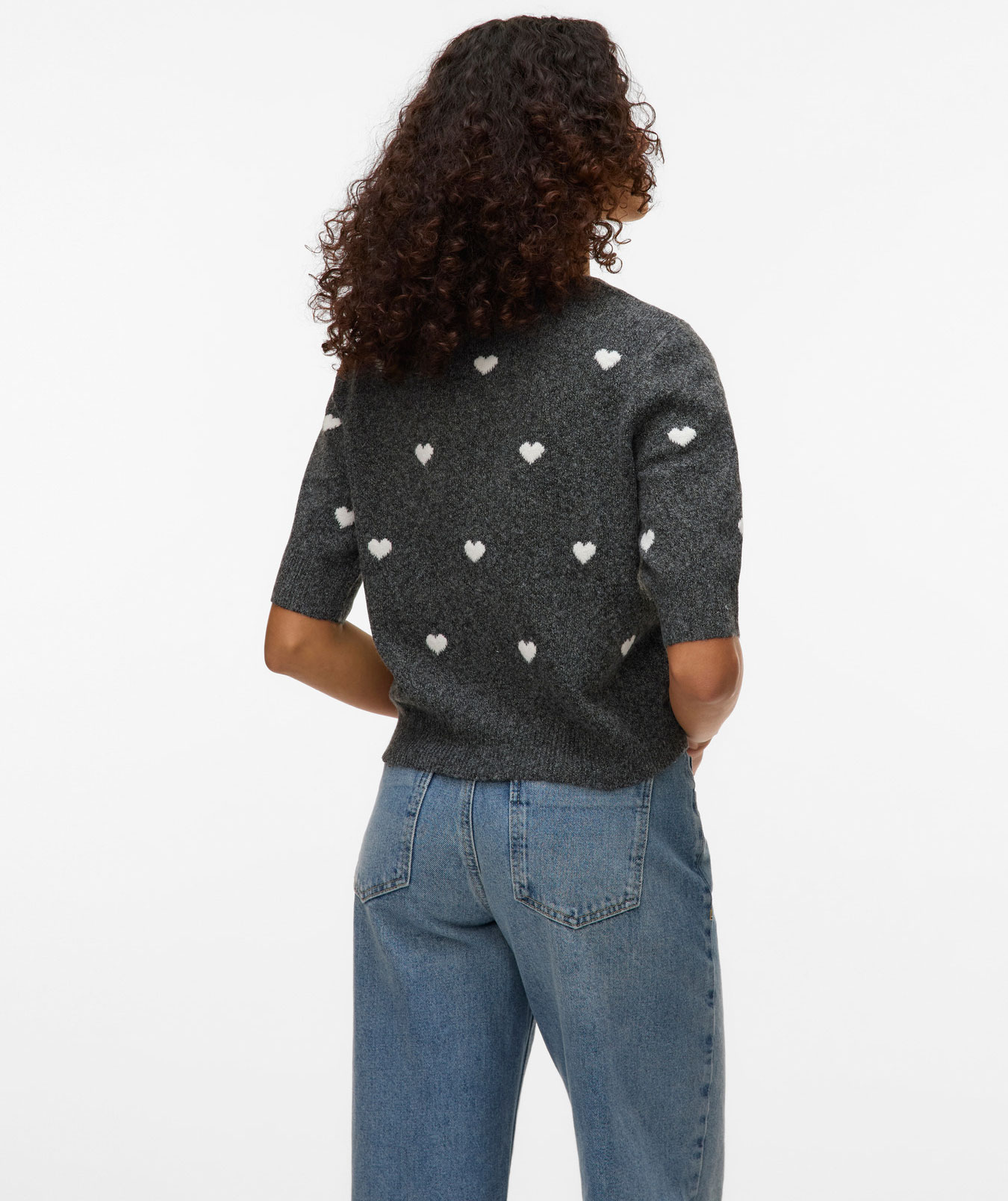 Vero Moda VMDOFFY INTARSIA women's short-sleeved knitted pullover, Dark Grey Melange/White Hearts, large image number 2