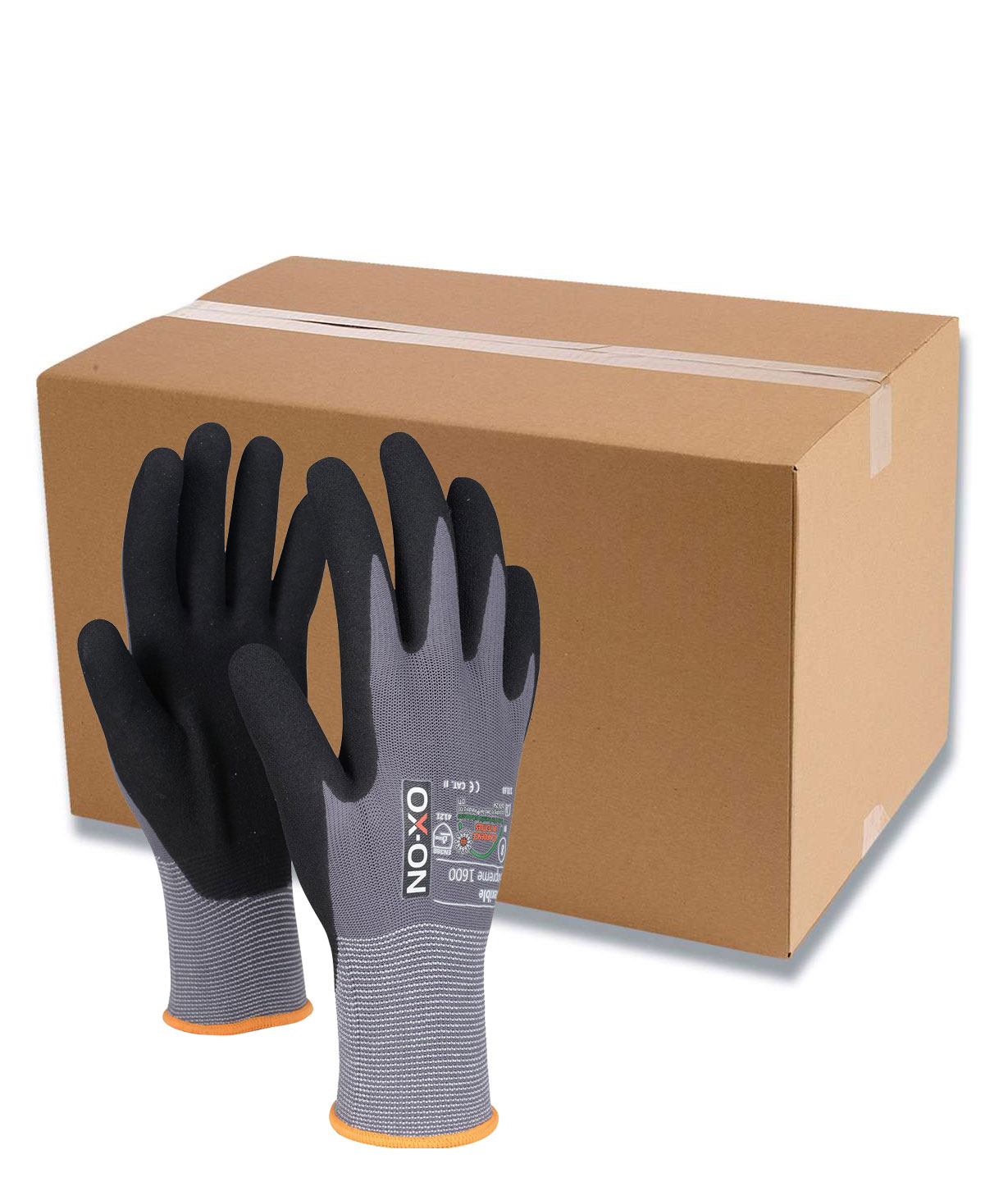 OX-ON Flexible Supreme 1600 arbetshandskar (l&aring;da med 144 par), Gr&aring;/Svart