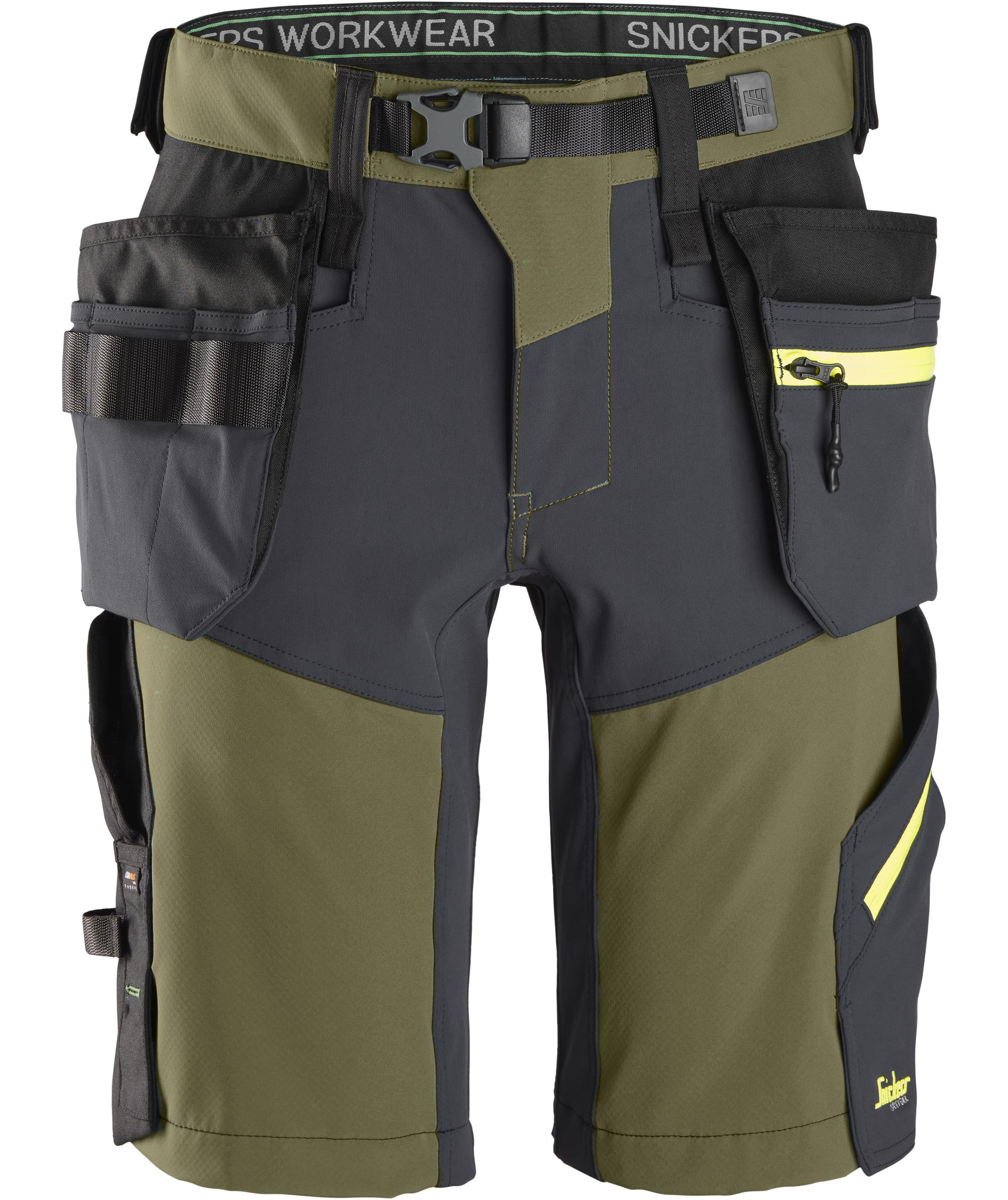 Snickers FlexiWork hantverksshorts+ 6140, Khaki Green/Steel Grey