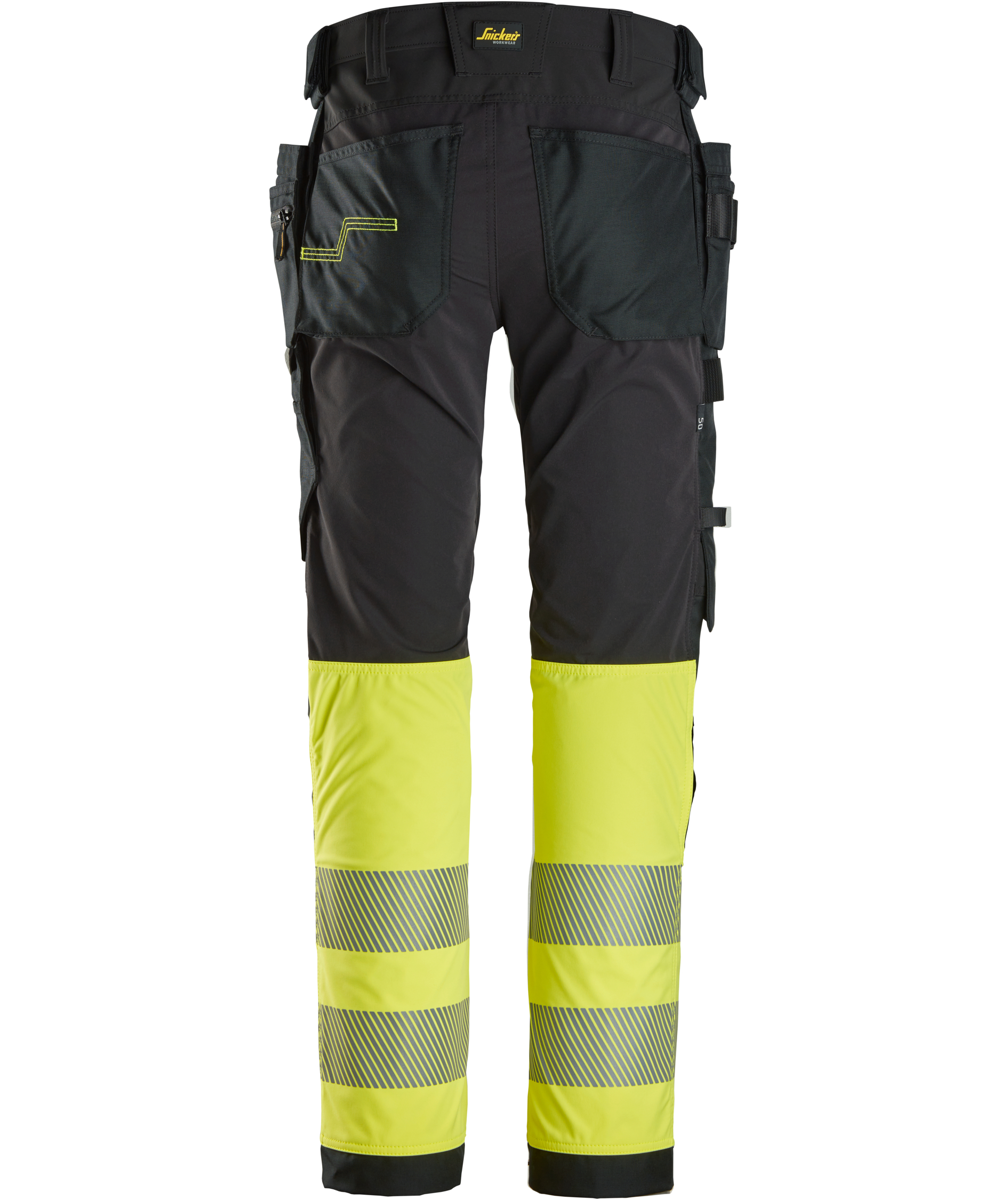Snickers h&aring;ndv&aelig;rkerbukser 6231 full stretch, Hi-Vis Sort/Gul