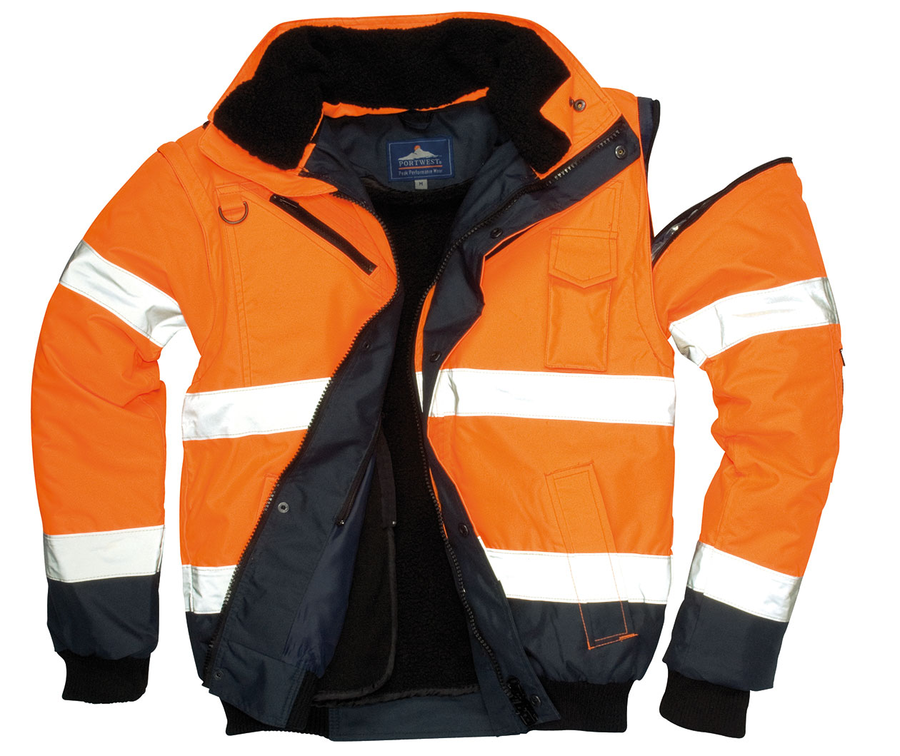 Portwest 3-i-1 pilotjacka med avtagbara &auml;rmar, Varsel Orange/Marinbl&aring;