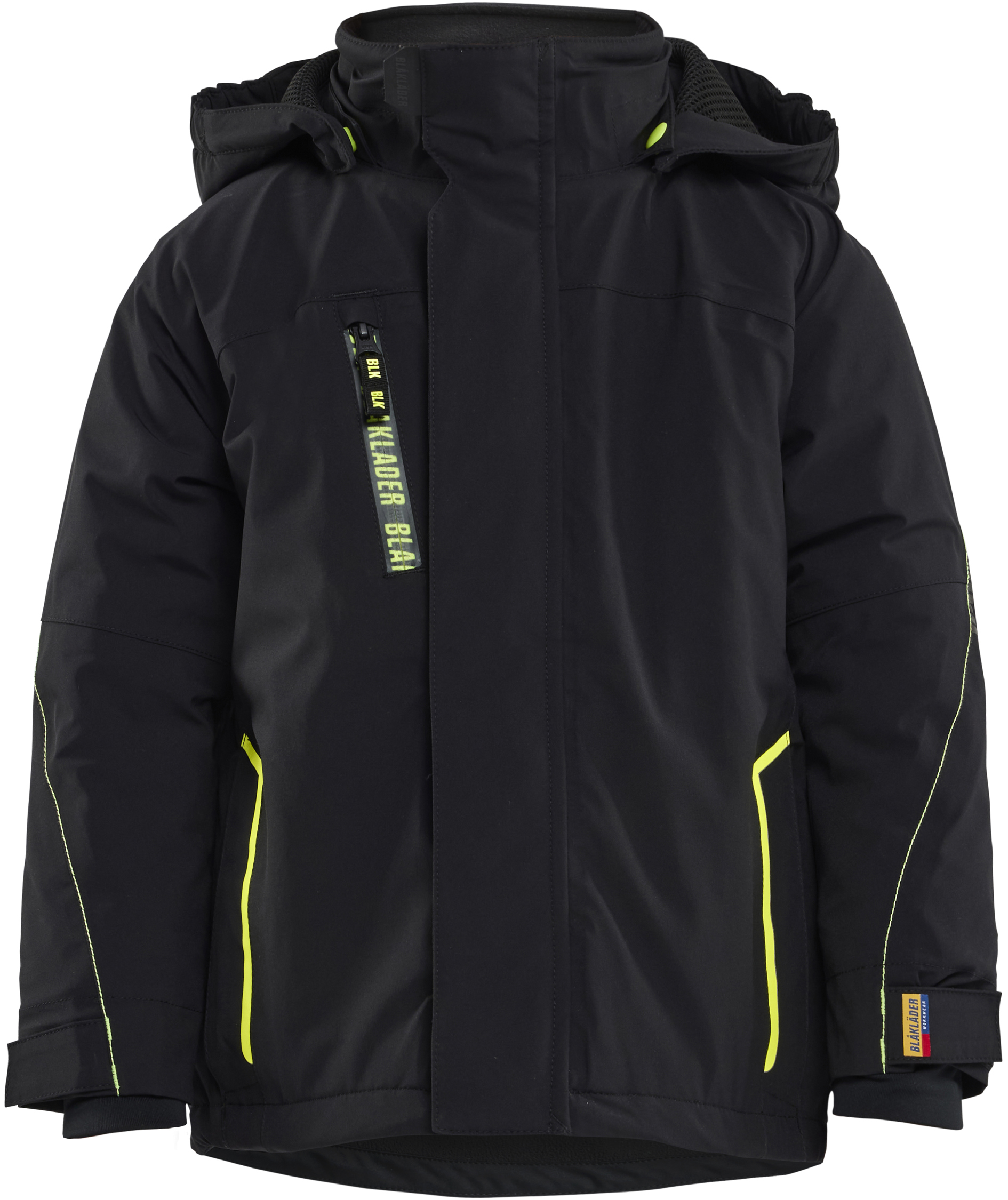 Bl&aring;kl&auml;der l&auml;ttfodrad vinterjacka till barn full stretch, Svart/Varselgul