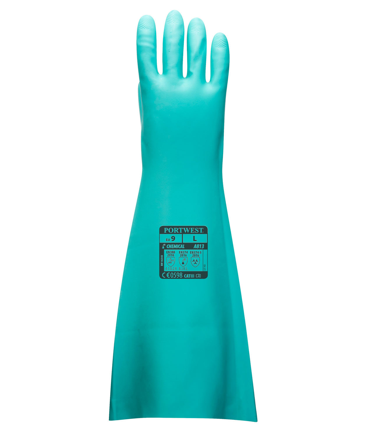 Portwest A813 lange kemikaliebeskyttelseshandsker i nitril, 48 cm, Gr&oslash;n