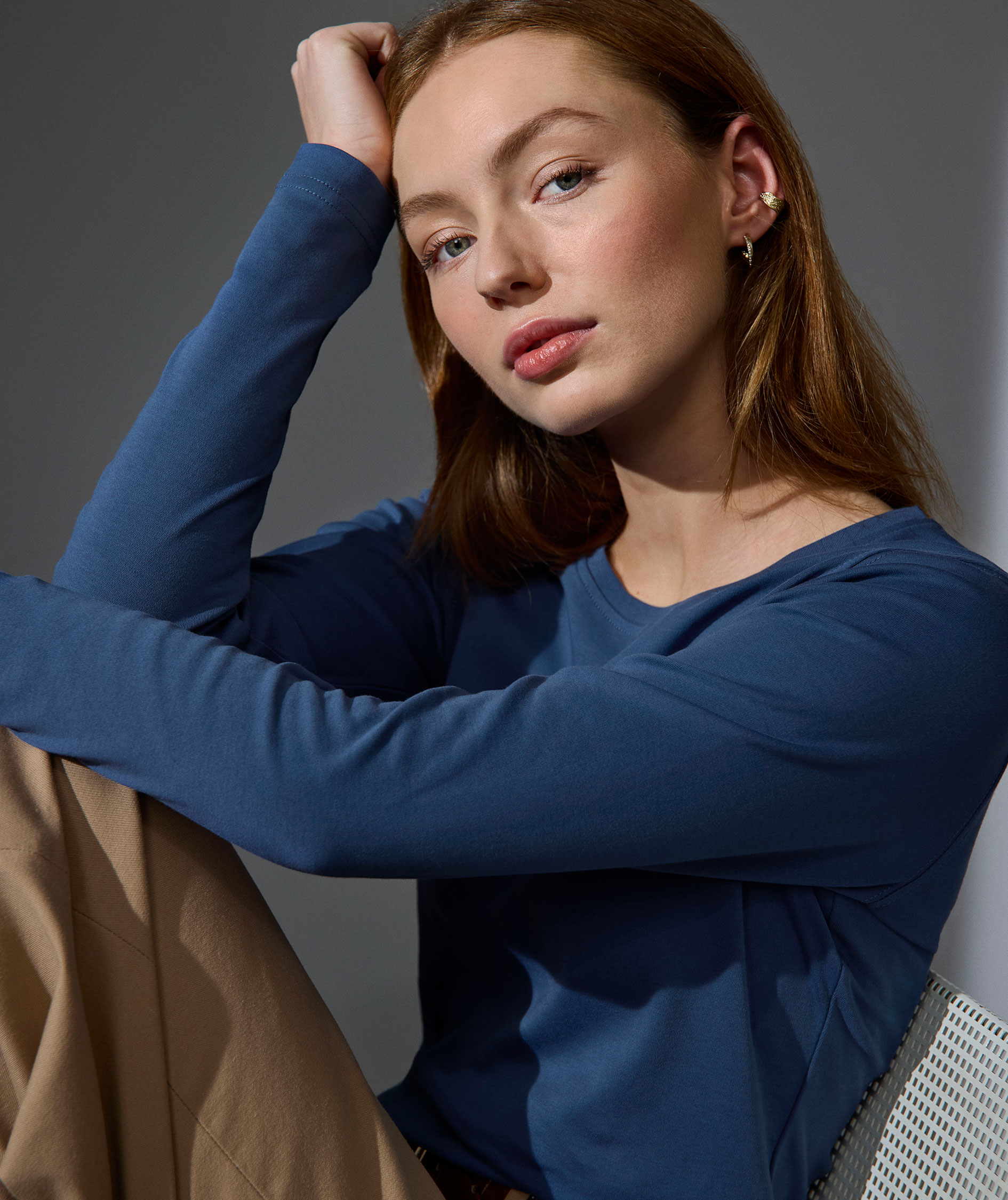 ID Interlock lang&aelig;rmet dame T-shirt, Indigobl&aring;, large image number 5